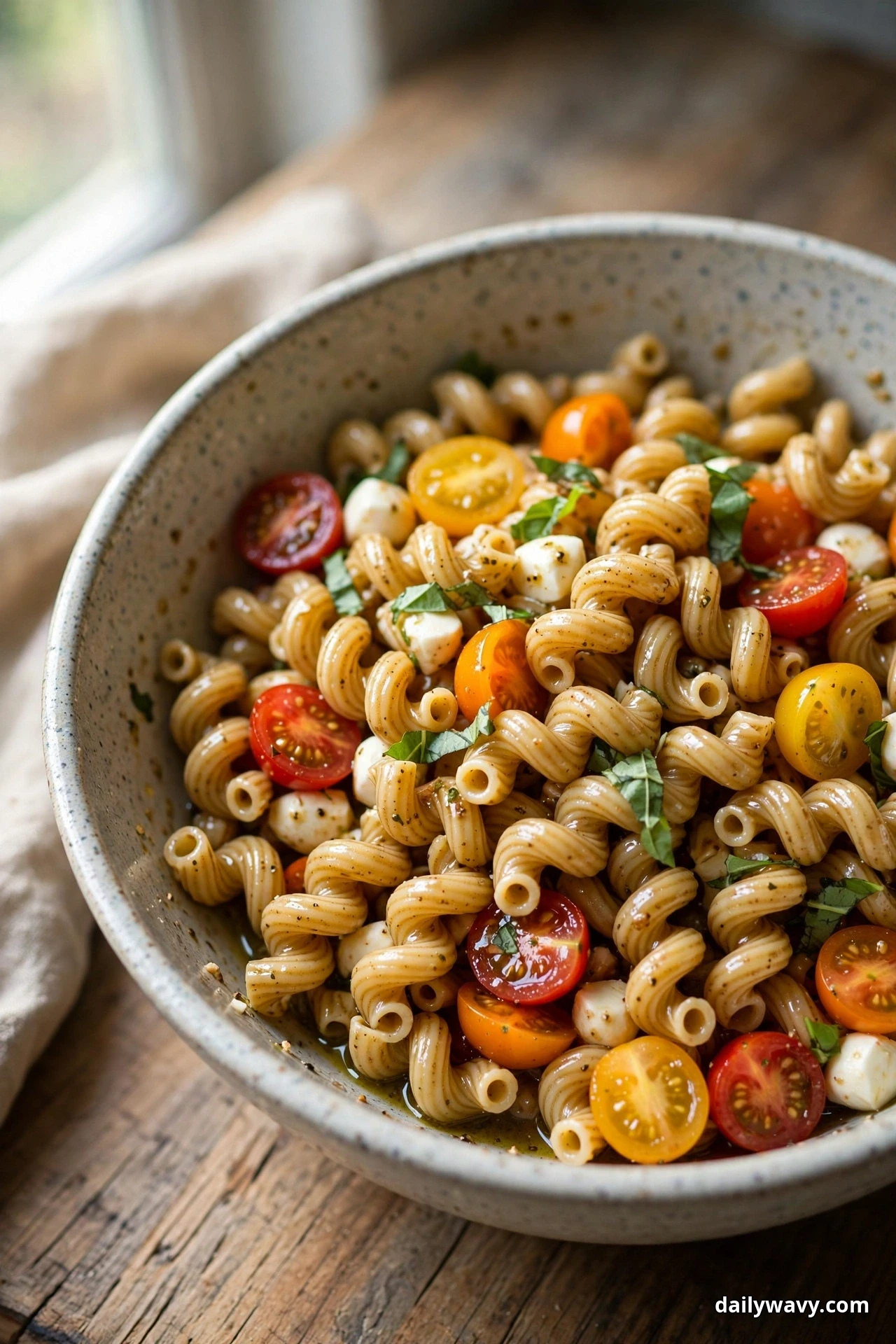 A bowl of cavatappi pasta salad with halved red, orange and yellow cherry tomatoes, mozzarella pearls and torn basil sits on a wooden table beside a window
