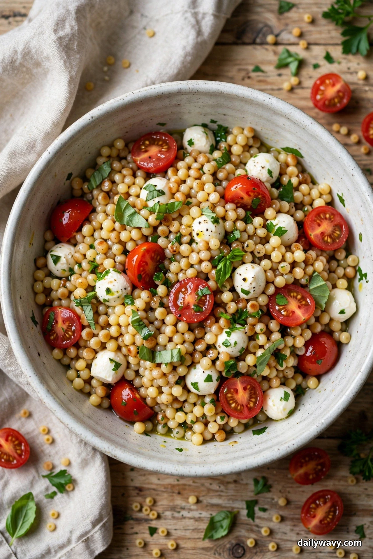 An overhead bowl of pearl couscous salad with mozzarella pearls, halved cherry tomatoes and chopped fresh herbs sits on a wooden table with loose pearls and tomato halves scattered around