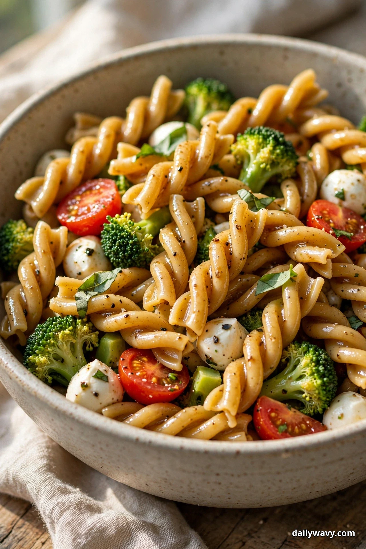 A close view of gemelli pasta salad with bright green broccoli florets, mozzarella pearls, halved cherry tomatoes and basil fills a speckled bowl on linen