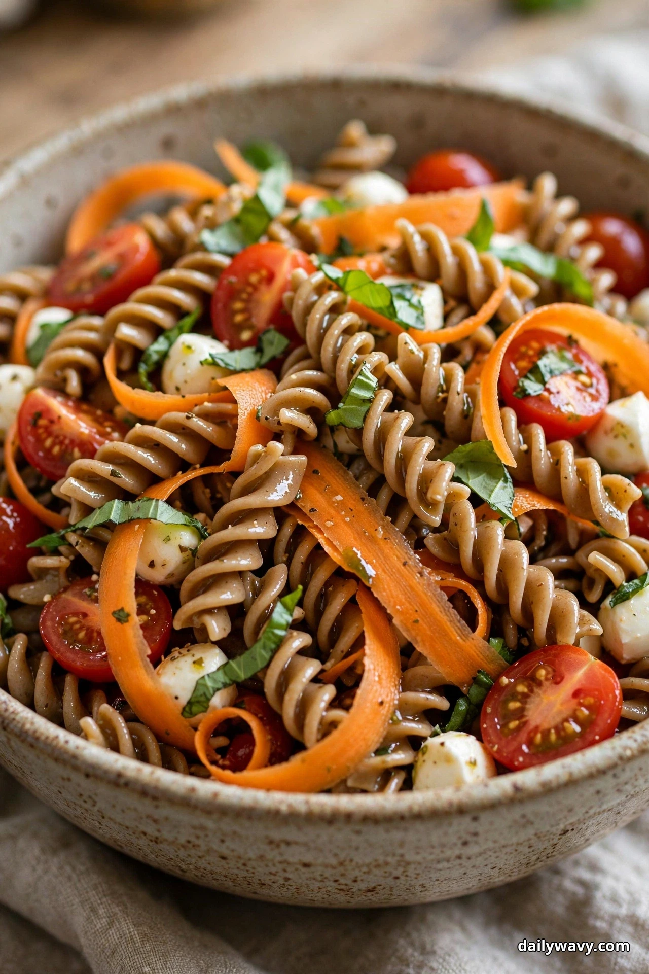 A close view of whole-wheat rotini pasta salad with shaved carrot ribbons, mozzarella pearls, halved cherry tomatoes and torn basil fills a speckled bowl on linen