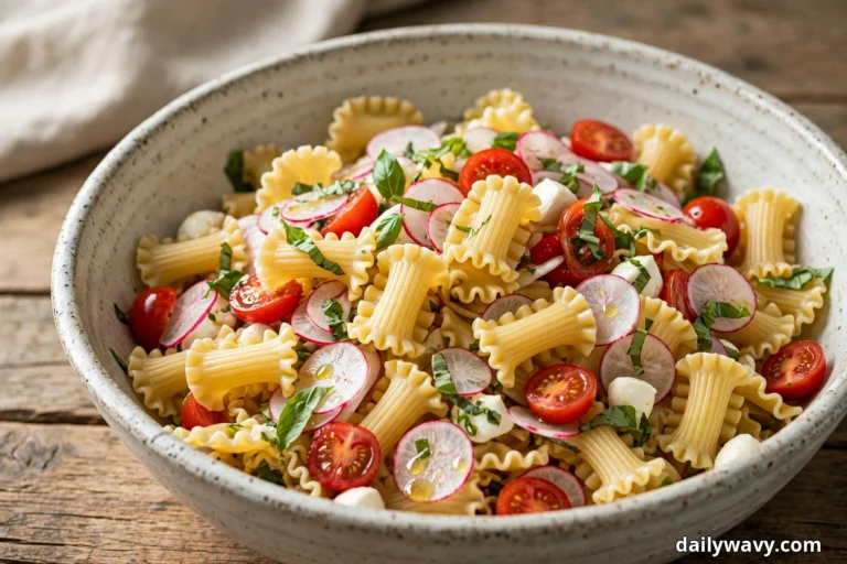 A speckled ceramic bowl of radiatori pasta salad with halved cherry tomatoes, paper-thin radish slices, mozzarella pieces and torn basil sits on a rustic wooden table