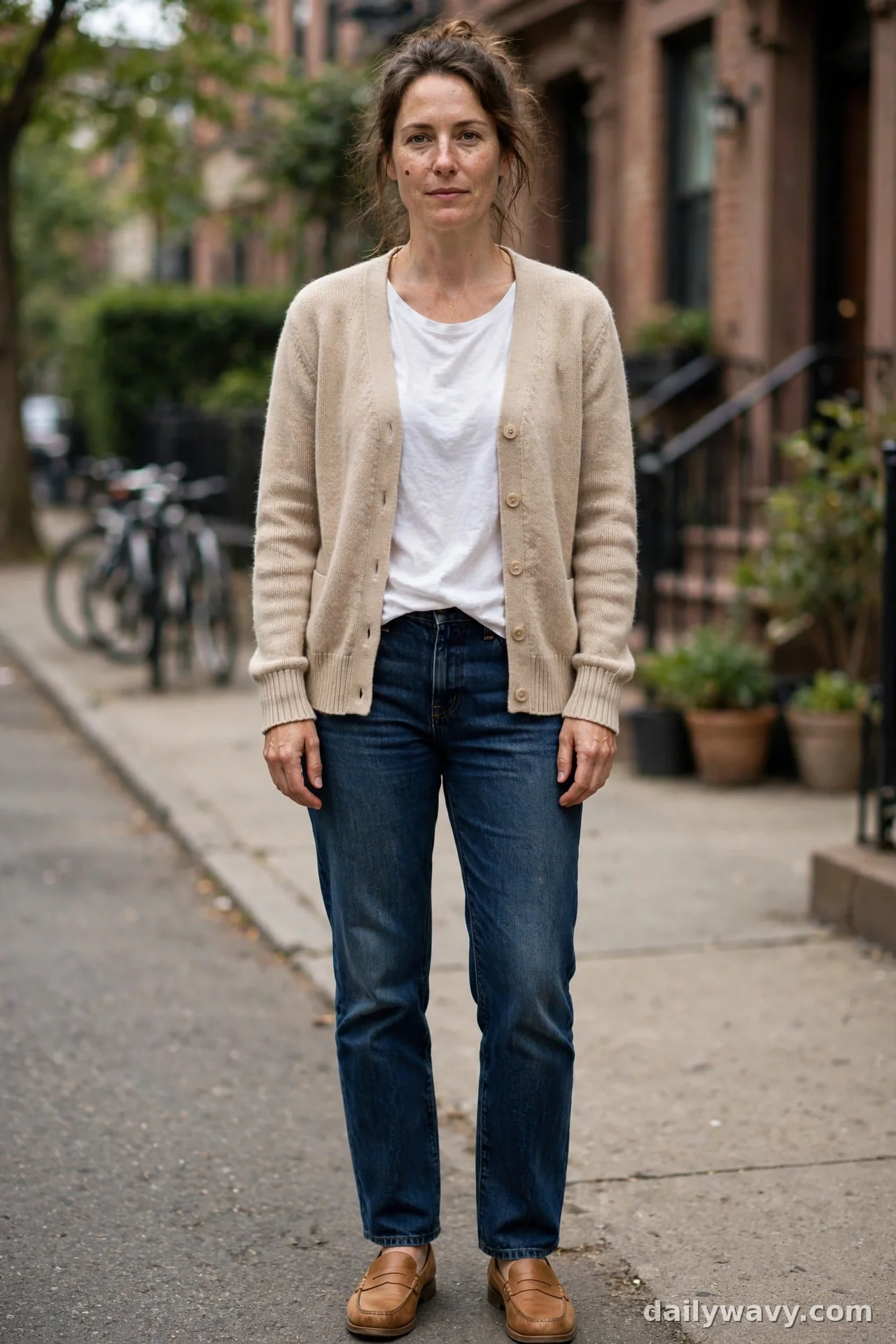 Woman in beige button cardigan with white tee, dark straight jeans and tan leather loafers