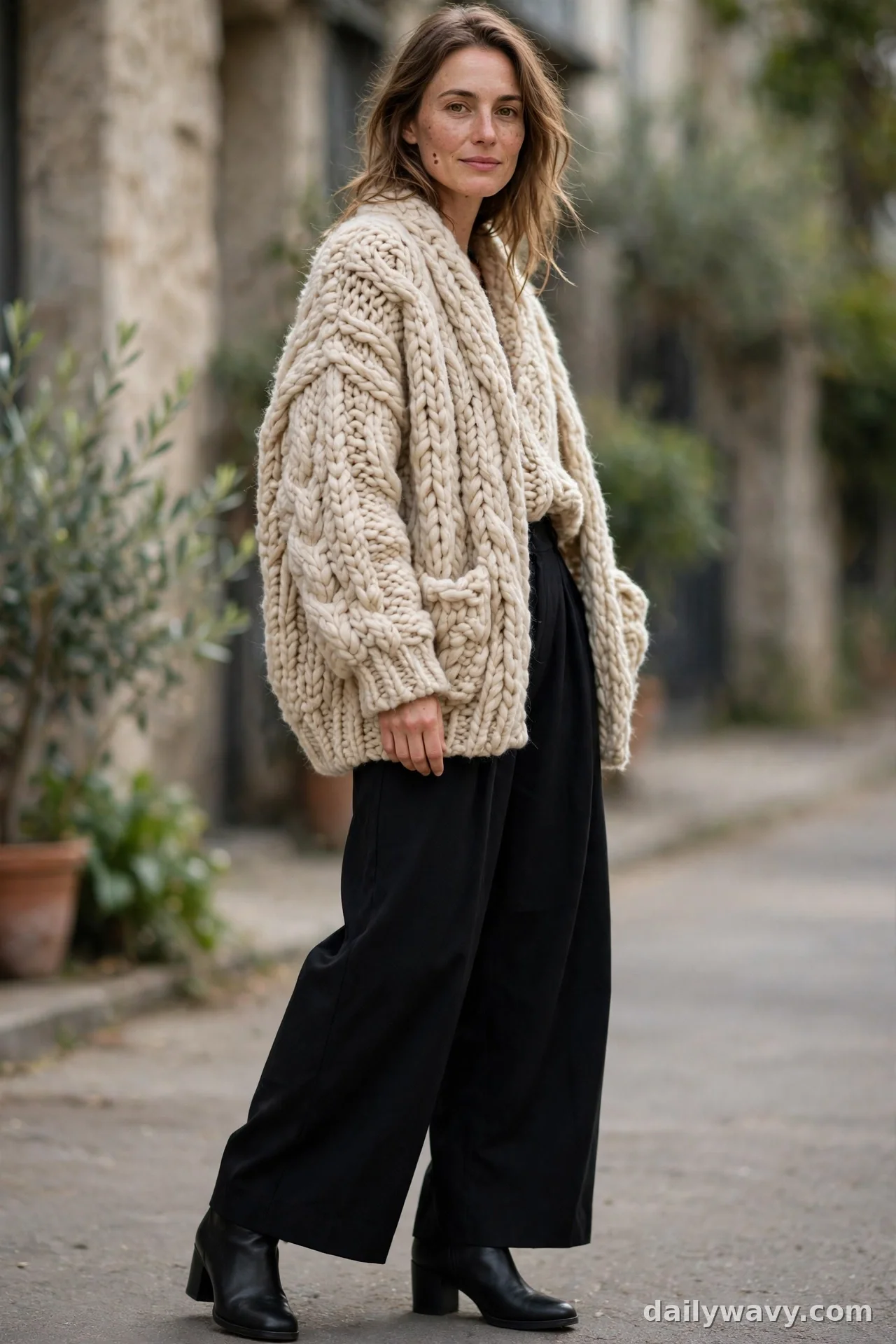 Woman in chunky cream cable cardigan with black wide-leg trousers and black low boots