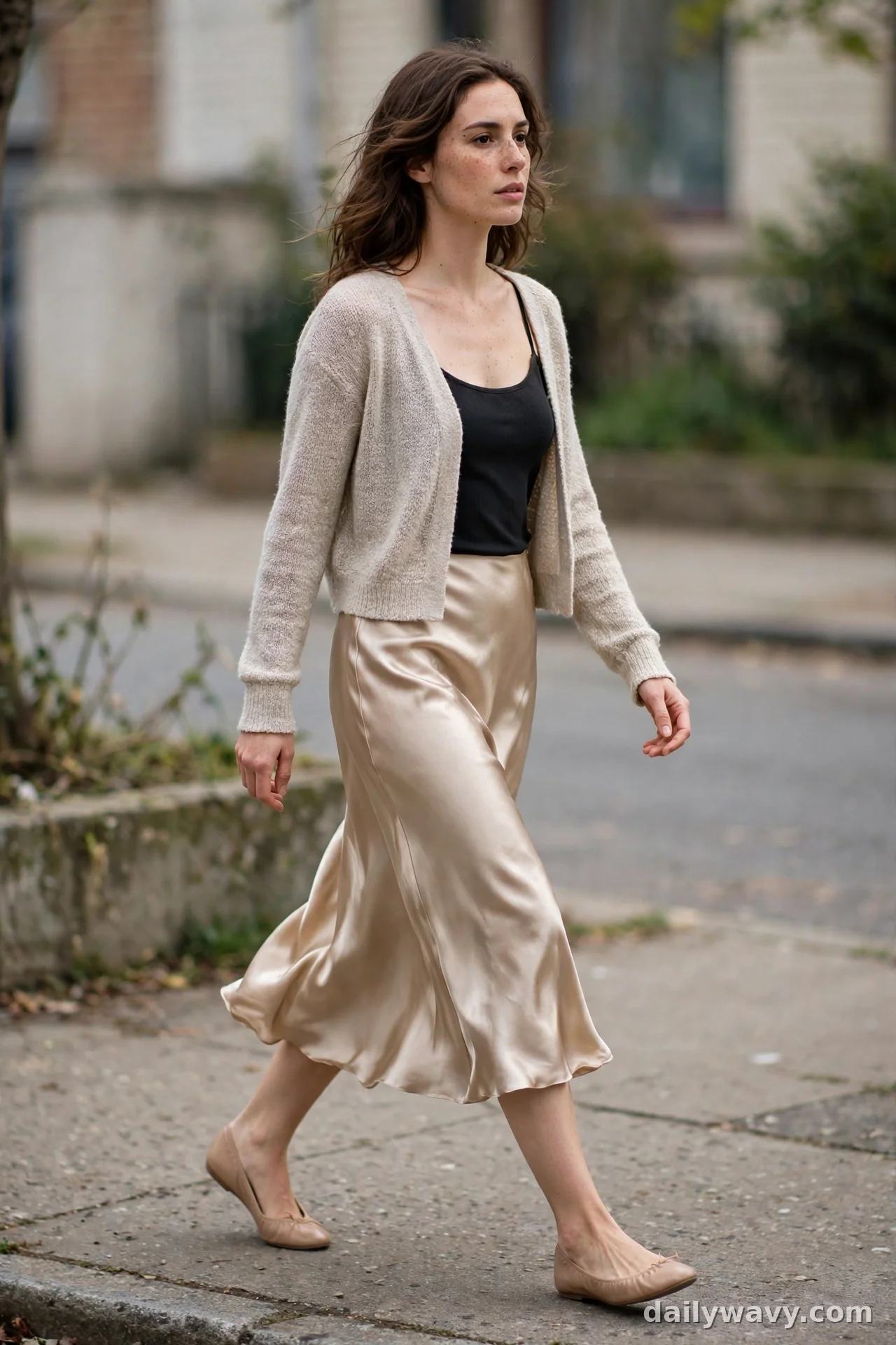 Woman in cropped beige cardigan with champagne satin midi skirt and nude ballet flats