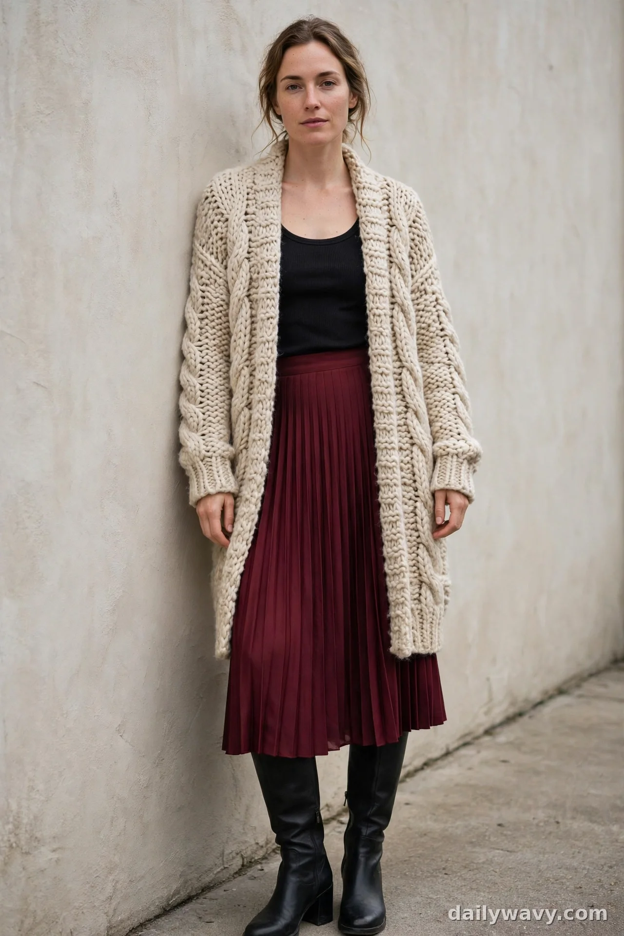 Woman in longline cream cable cardigan with burgundy pleated midi skirt and black knee boots