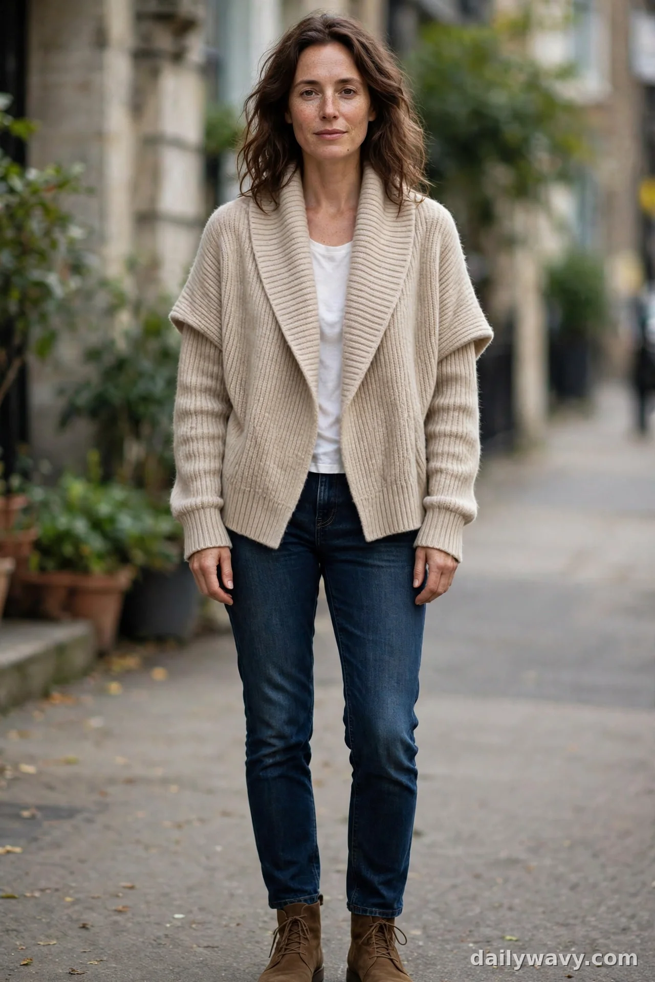 Woman in oatmeal shawl-collar cardigan with dark indigo jeans and brown suede ankle boots