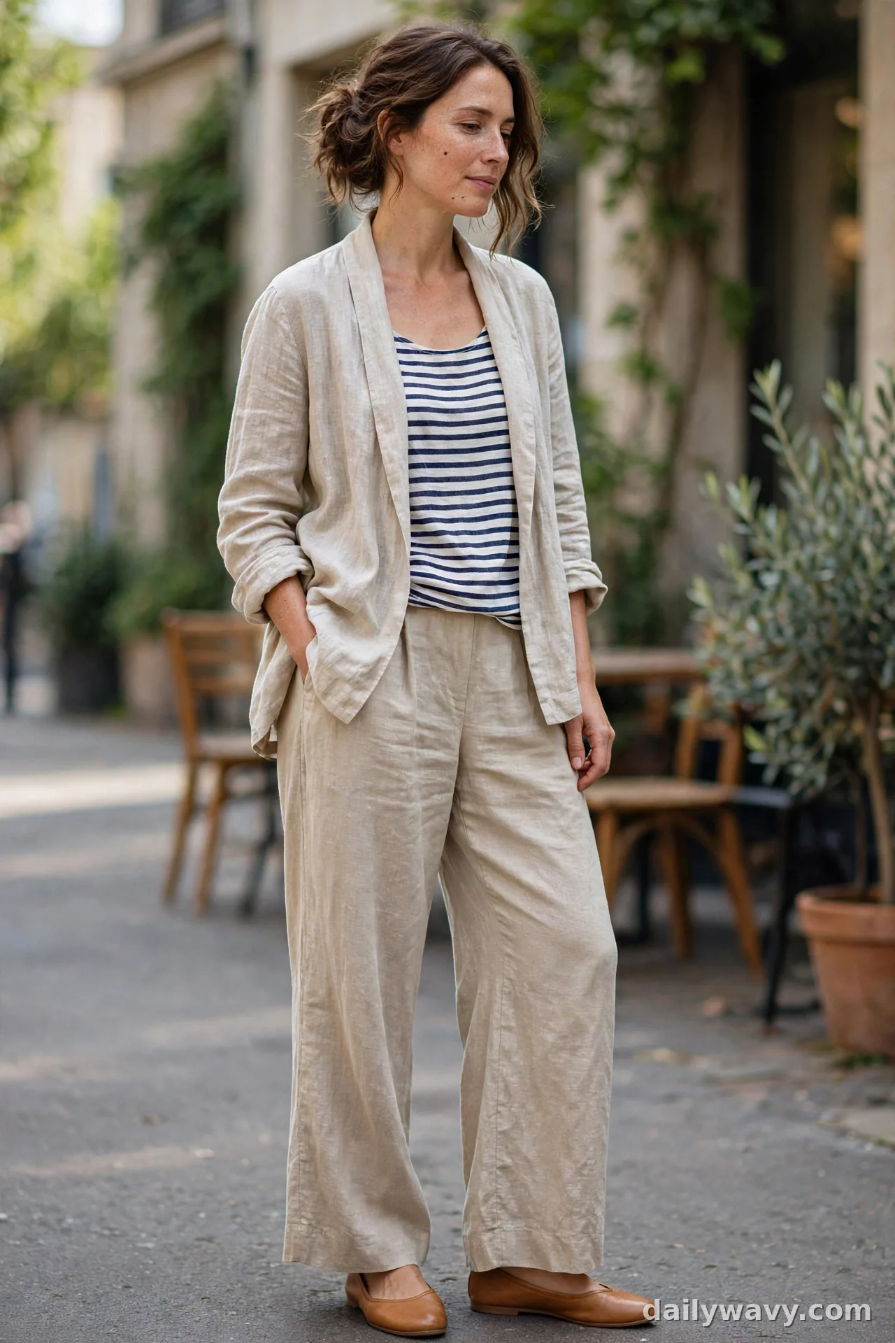 Woman in beige linen open-front cardigan with striped top, wide-leg linen trousers and tan flats