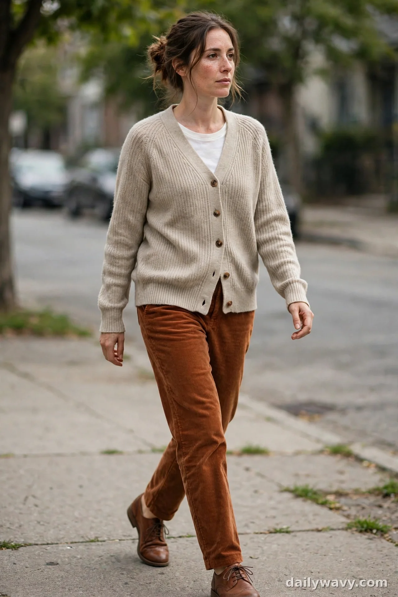 Woman in oatmeal button cardigan with rust corduroy trousers and brown lace-up oxfords