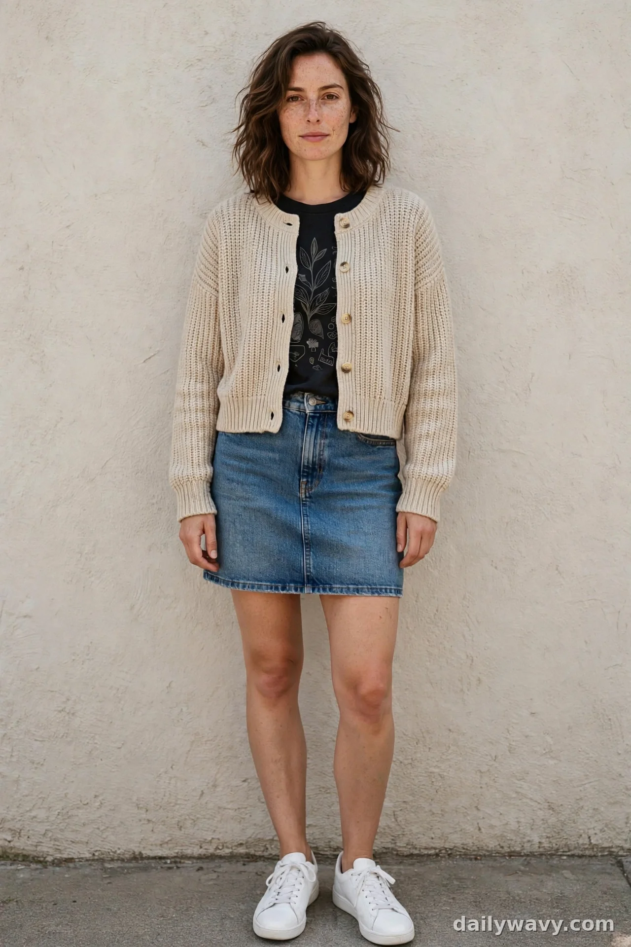 Woman in cropped beige boxy cardigan with black graphic tee, denim mini skirt and white sneakers