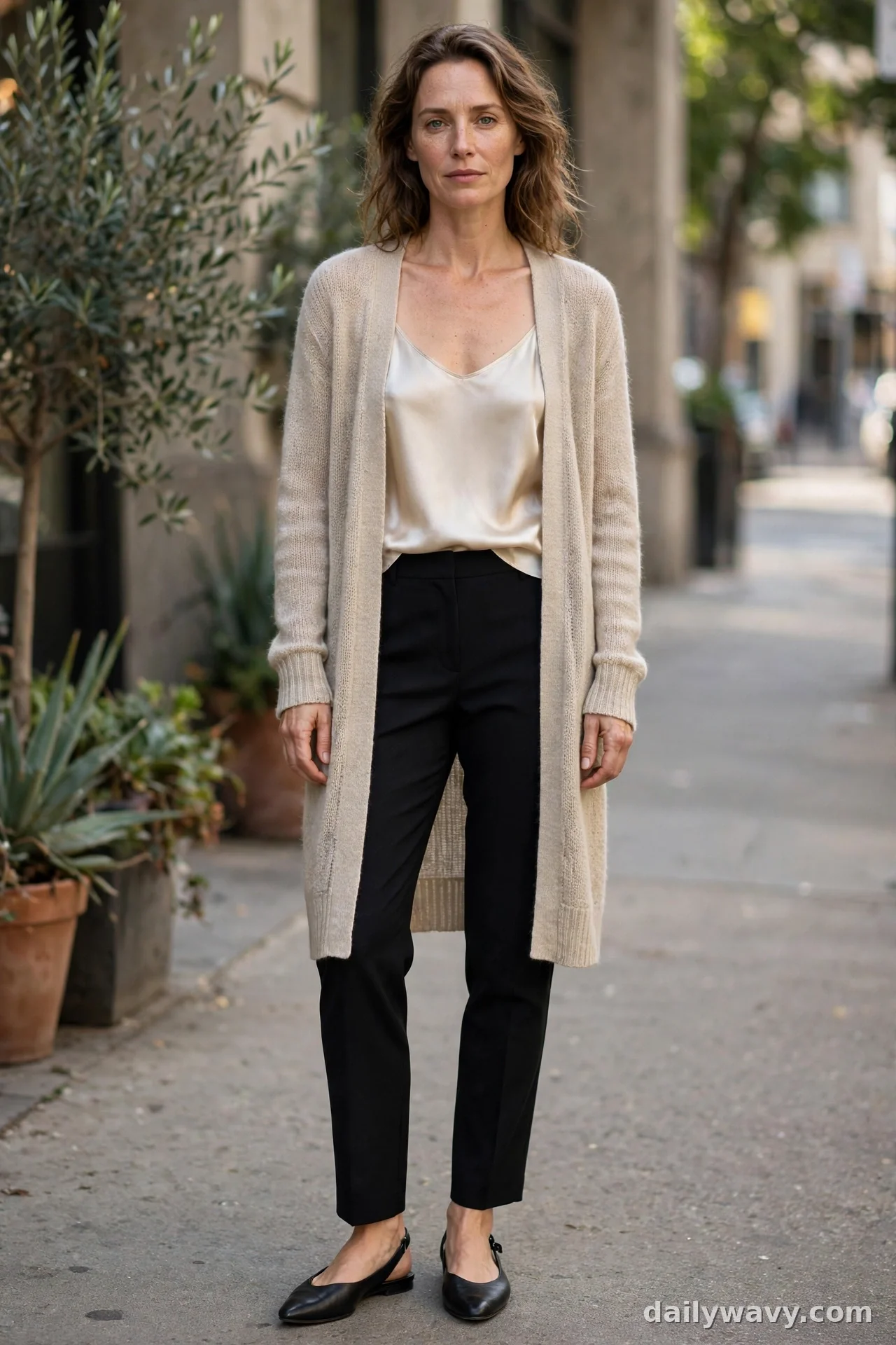 Woman in long fine-knit beige cardigan with champagne silk shell, black trousers and slingback flats