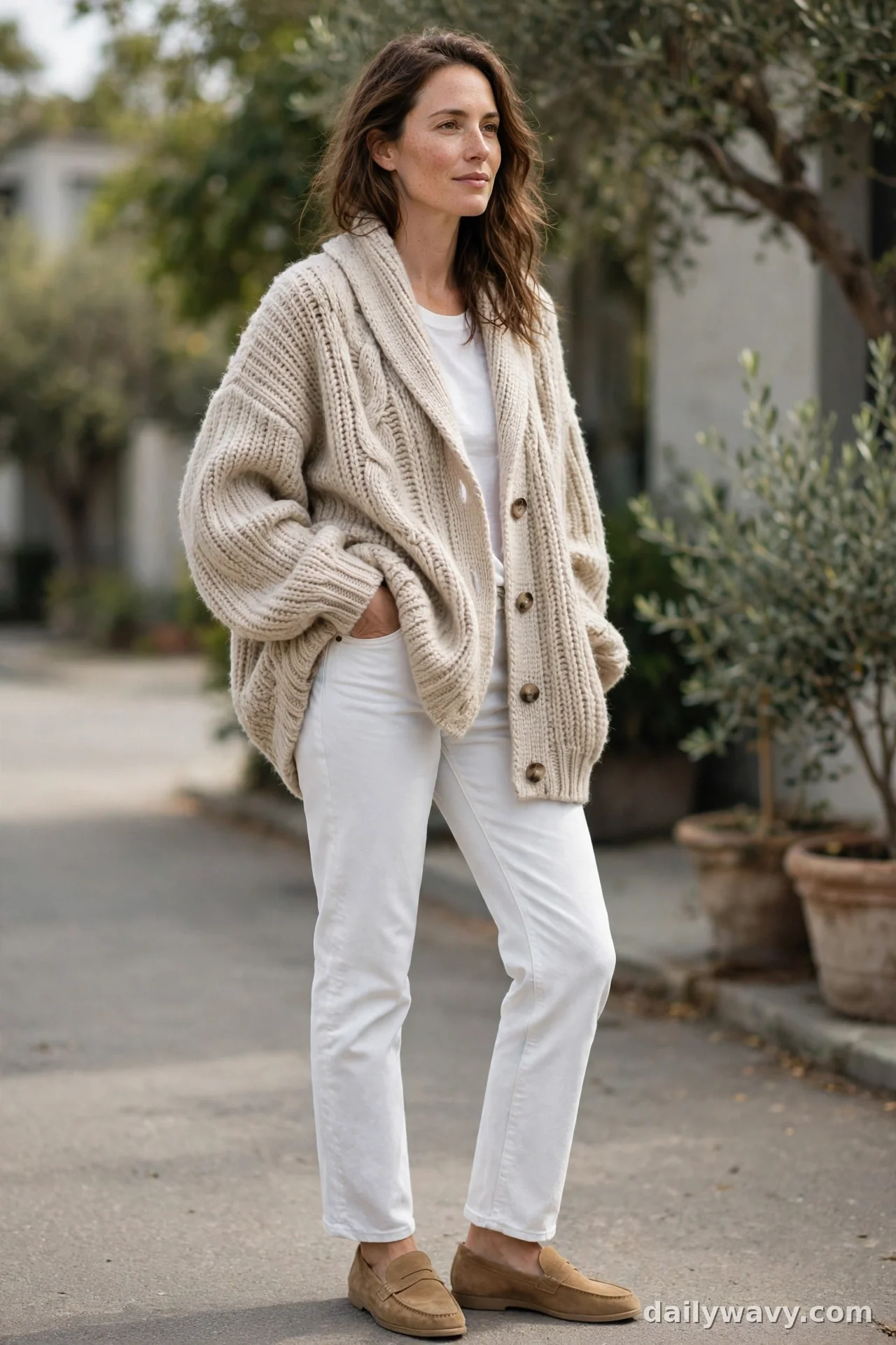 Woman in oversized cream cable cardigan with white slim jeans and tan suede loafers