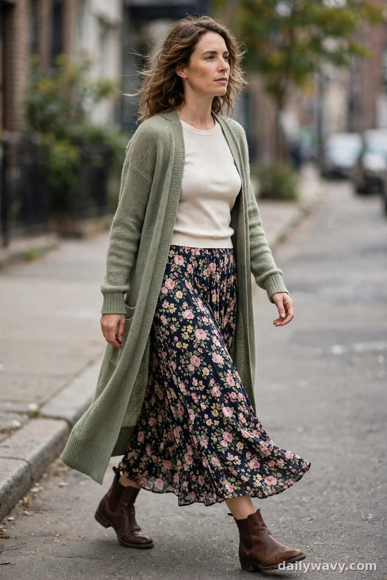 Woman in long sage-green duster cardigan with navy floral maxi skirt and brown ankle boots