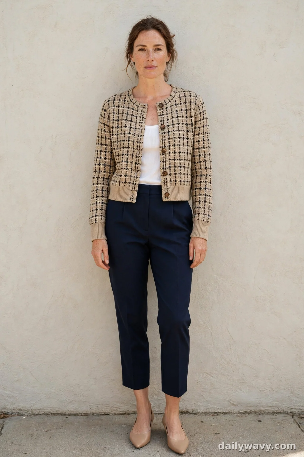 Woman in cropped tweed-look cardigan with navy cropped trousers and nude pointed flats