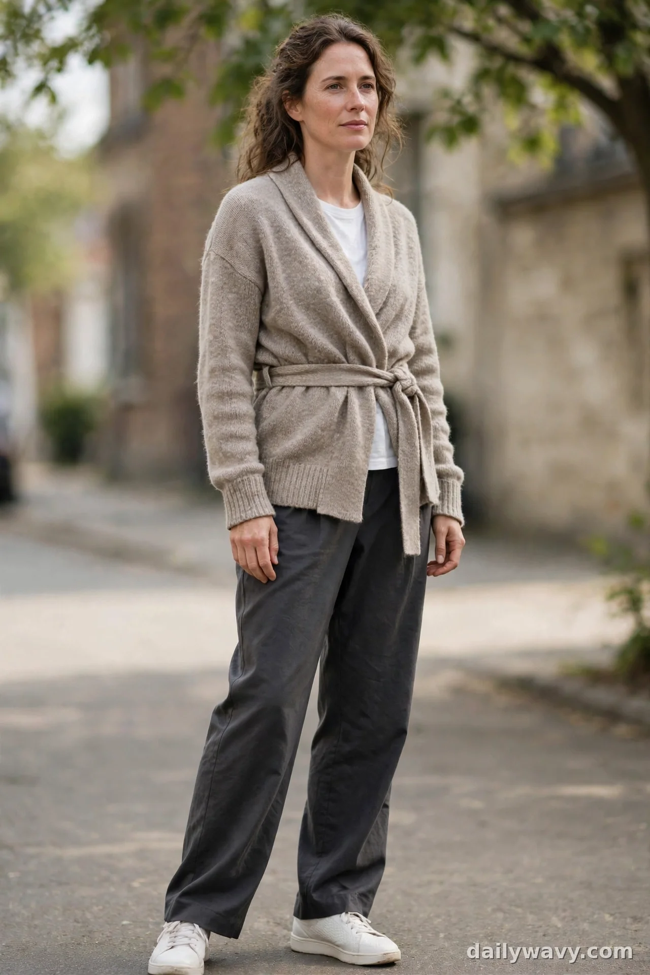 Woman in belted beige wrap cardigan with charcoal relaxed trousers and white minimalist sneakers