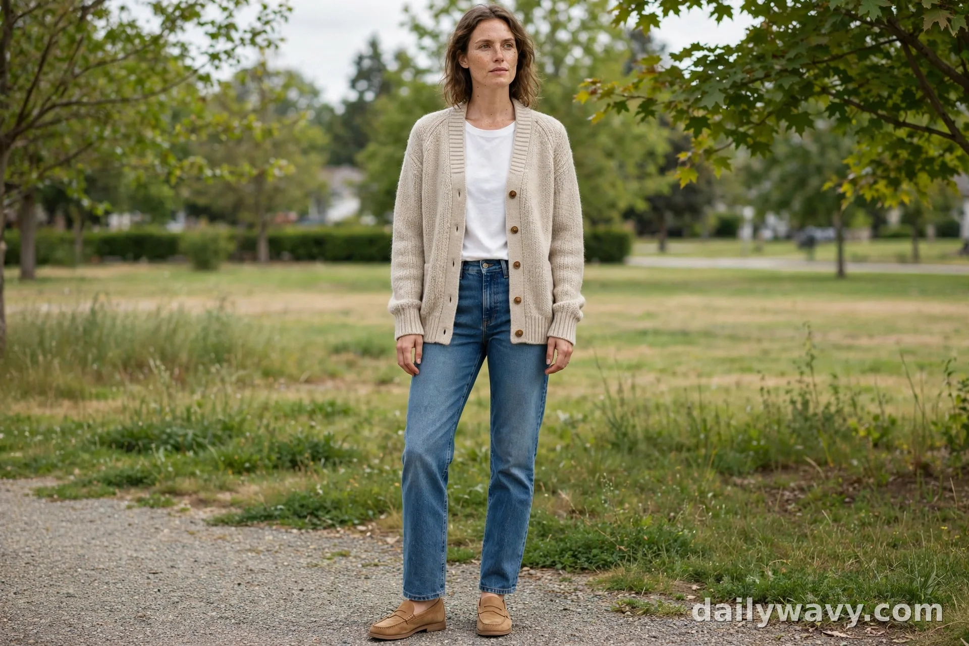 Woman wearing beige button cardigan, white tee, straight blue jeans and tan loafers outdoors