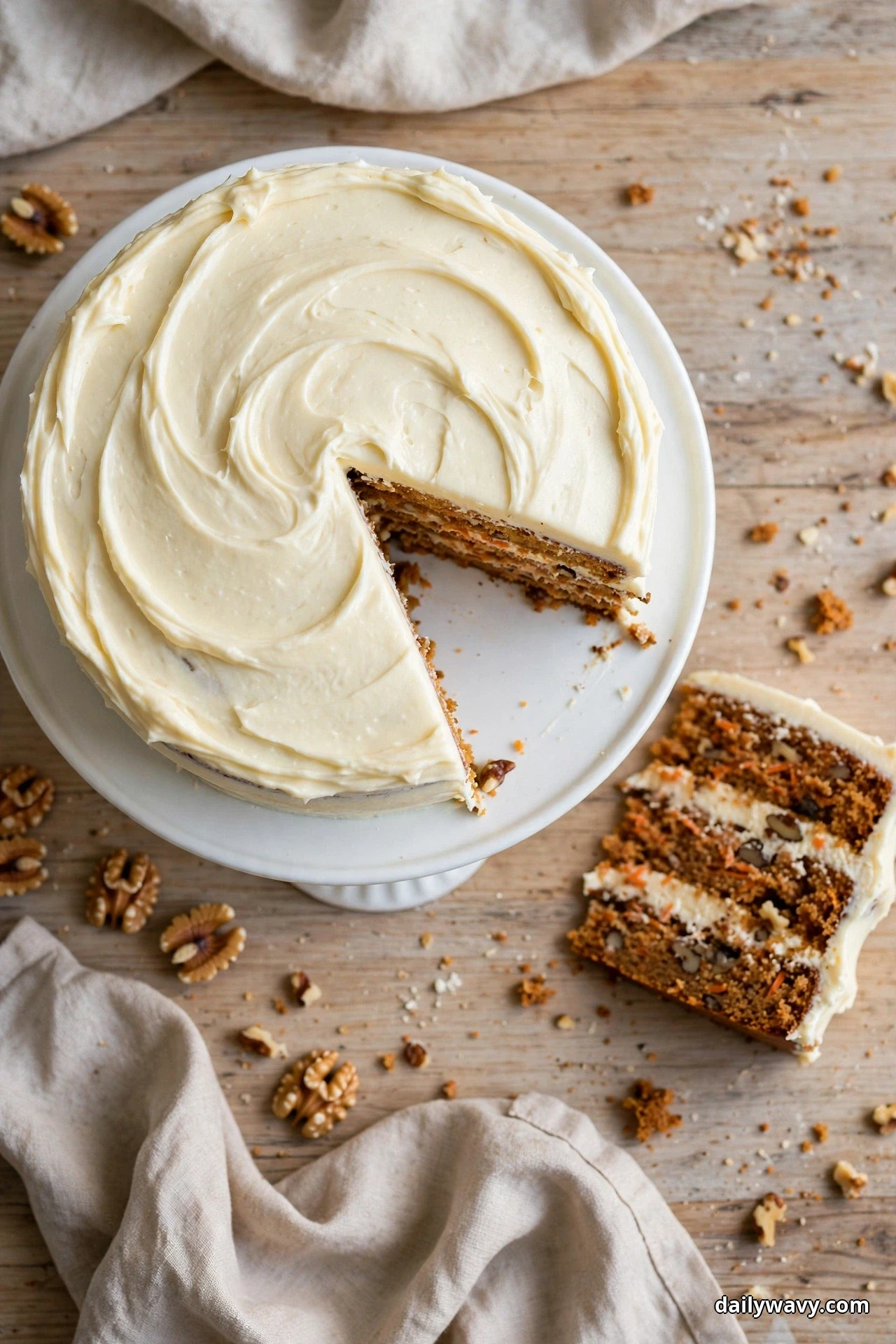 An overhead view shows a carrot cake covered in smooth, swirled pale mascarpone frosting on a cake stand, with one slice cut and resting on the wooden table beside it