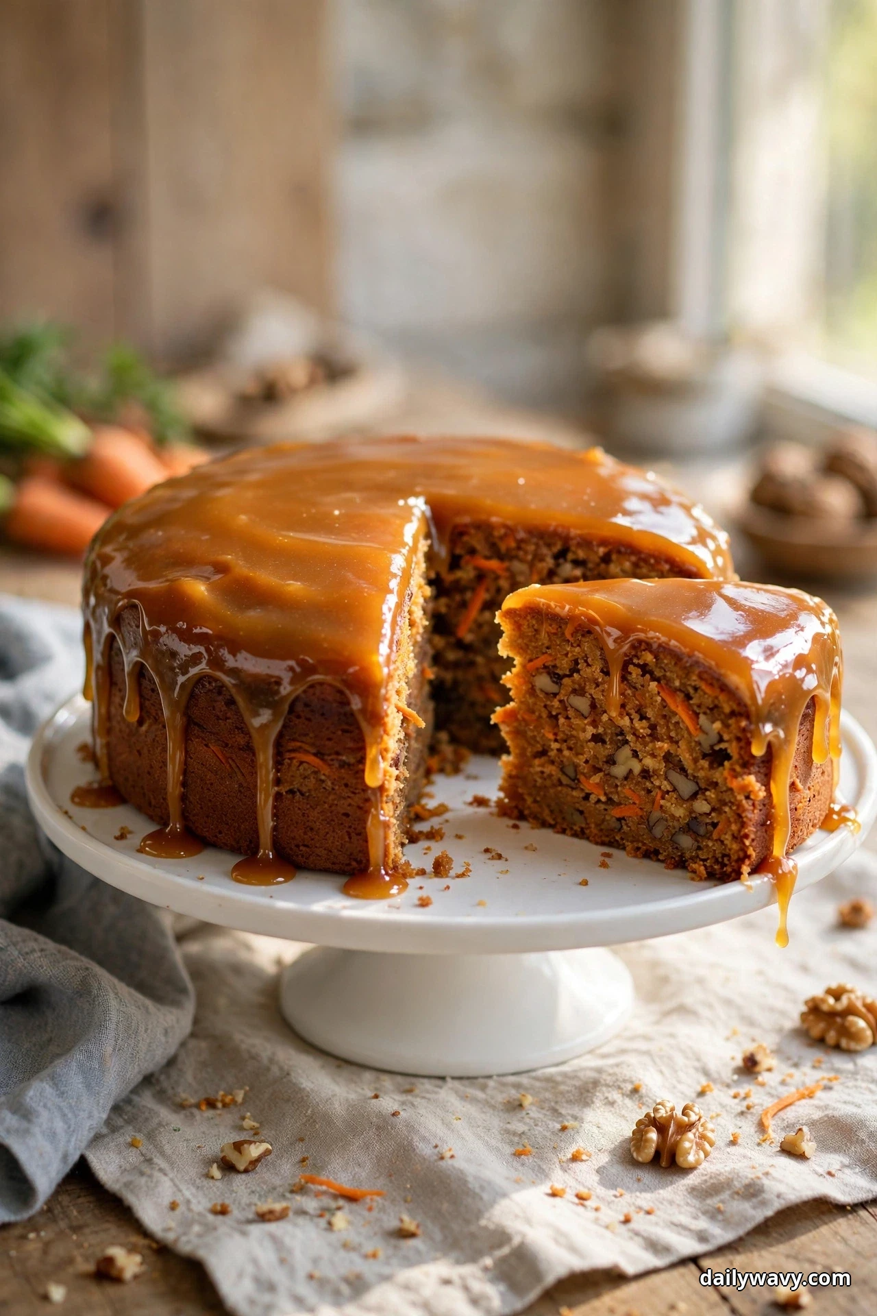 A carrot cake covered in glossy amber browned-butter icing that drips down its sides stands on a white cake stand with one slice pulled forward