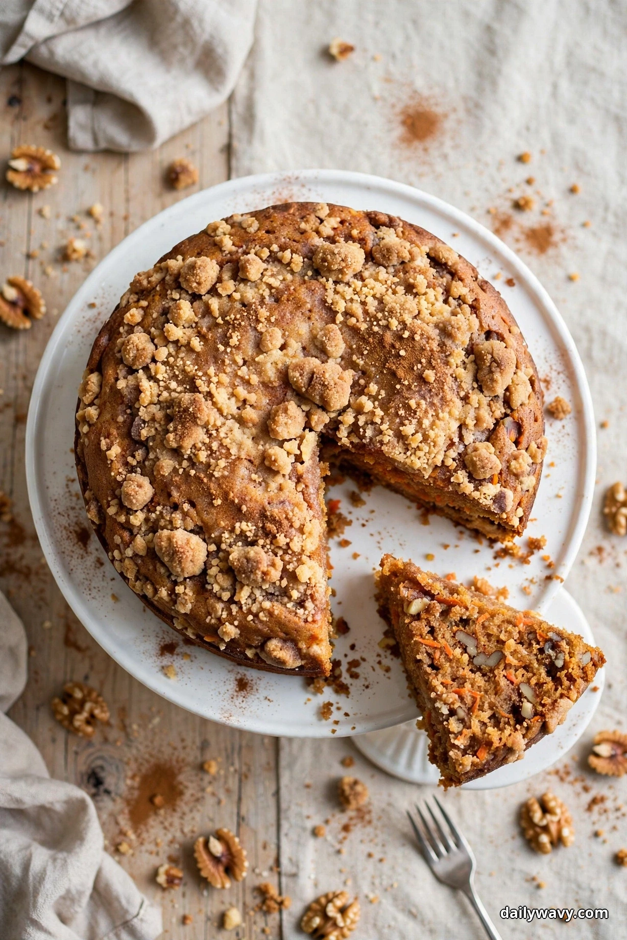An overhead view shows a round carrot cake covered in chunky golden cinnamon crumbs on a cake stand, with one slice pulled forward