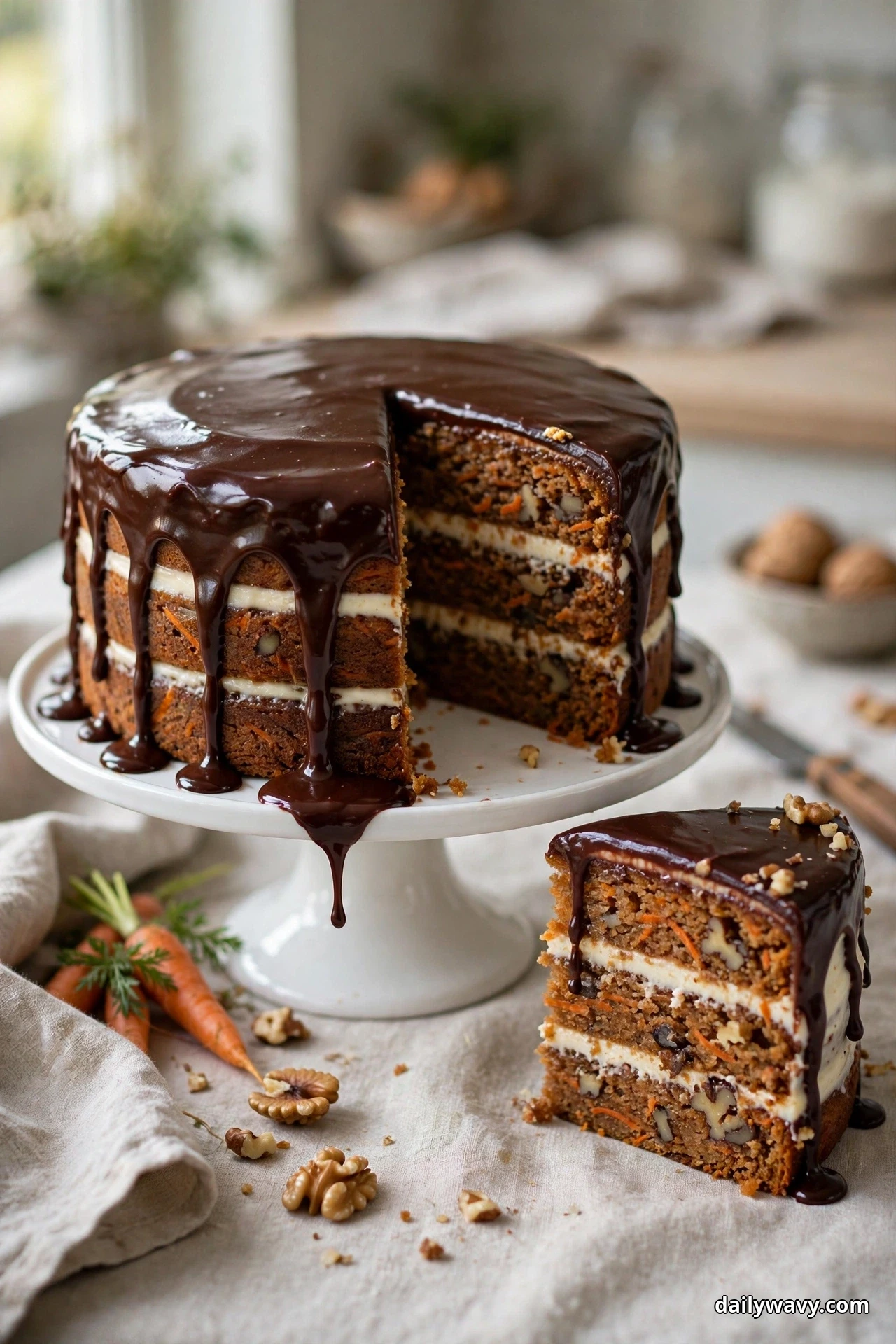 A carrot layer cake covered in glossy dark chocolate ganache dripping down its sides stands on a cake stand, one slice set in front showing the pale frosting layers