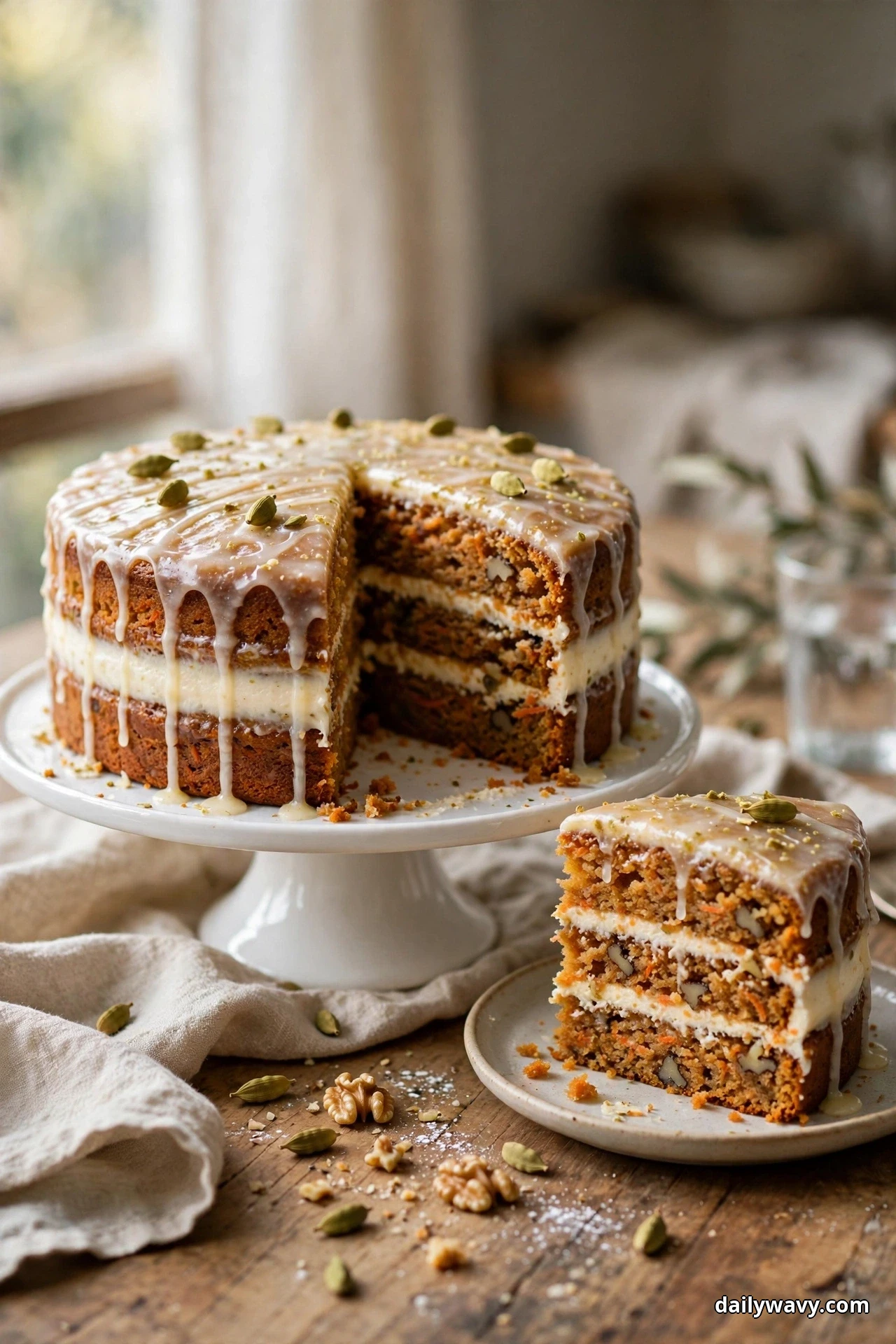 A carrot layer cake with thin white cardamom glaze dripping down its sides stands on a cake stand, one slice served on a small plate in front