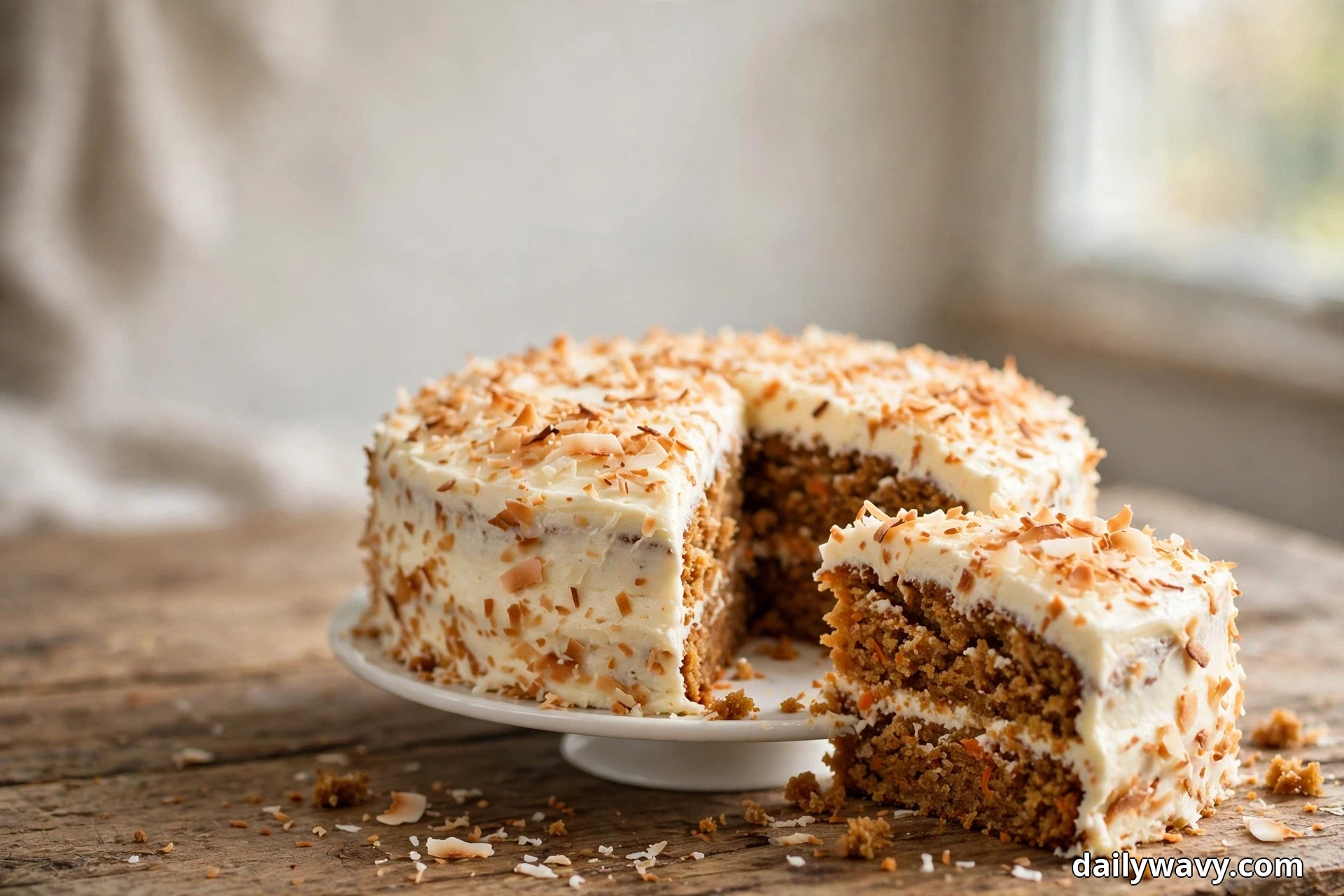 A wide view shows a two-layer carrot cake covered in white coconut-cream frosting and toasted coconut flakes on a white cake stand, one slice set in front showing the spiced crumb