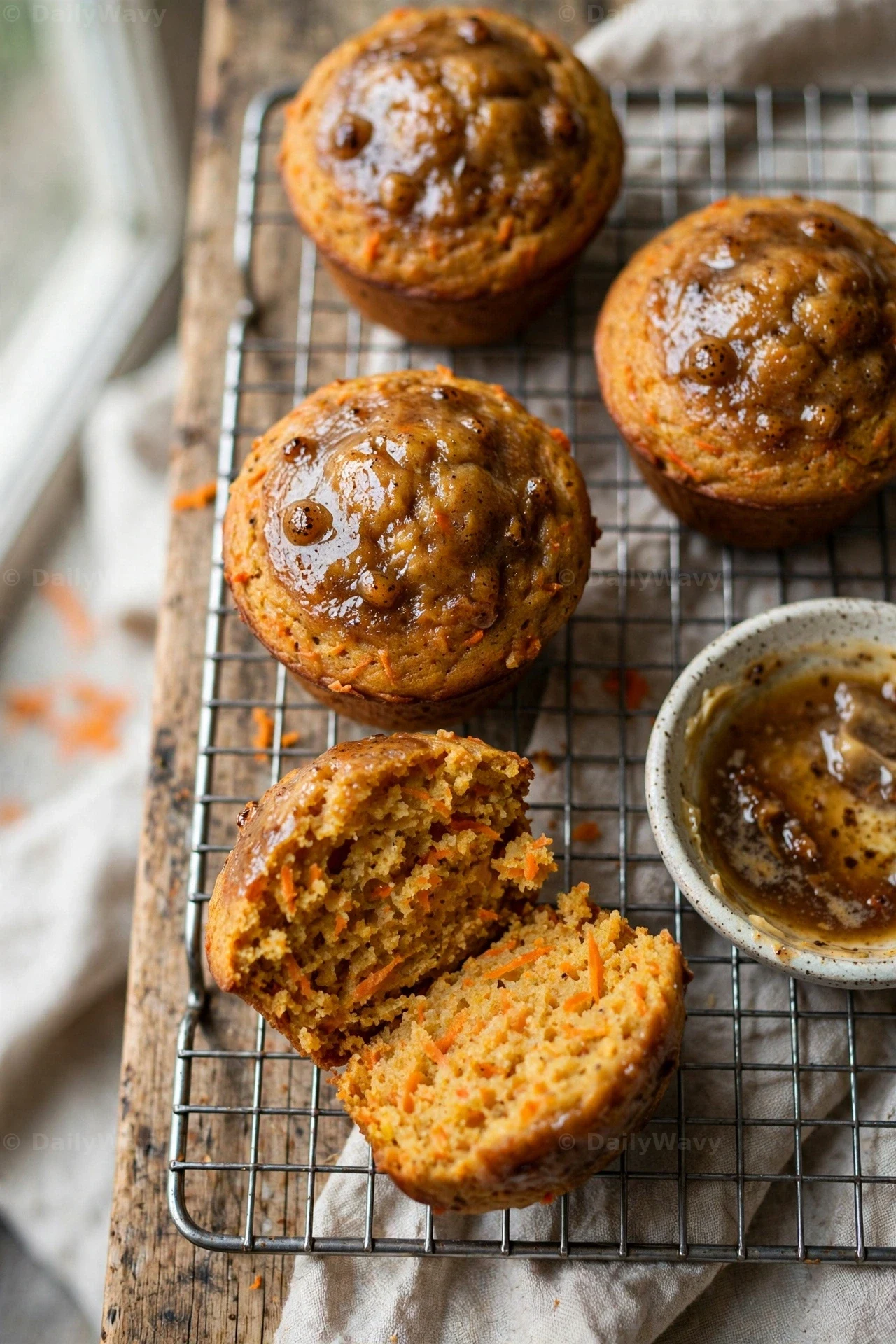 Carrot muffins with glossy browned butter tops cool on a wire rack beside a small bowl of browned butter, and one muffin is split open to show the carrot-flecked crumb.