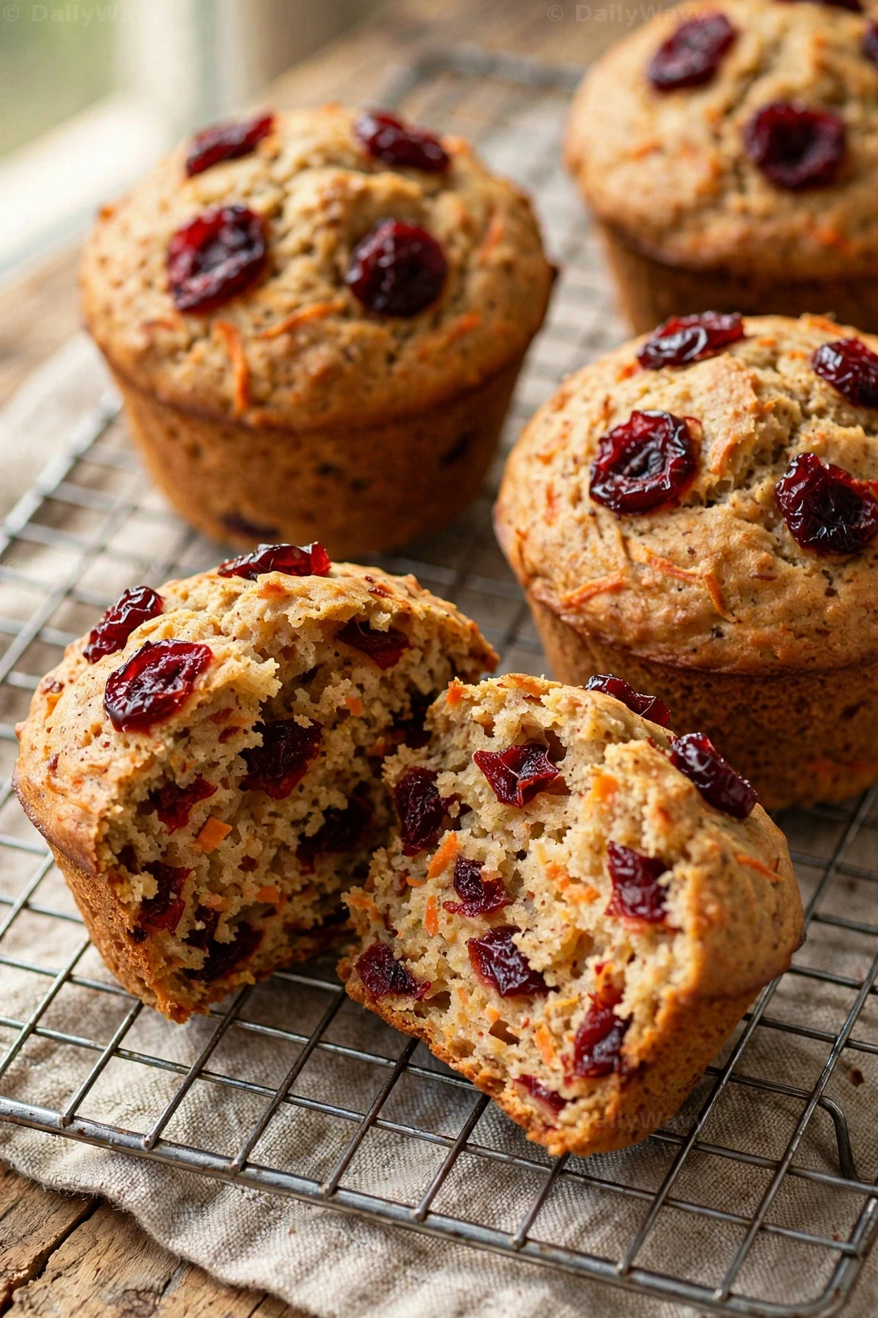 Cherry-studded carrot muffins cool on a wire rack, and one muffin is split open to show dried cherries and carrot shreds in the crumb.