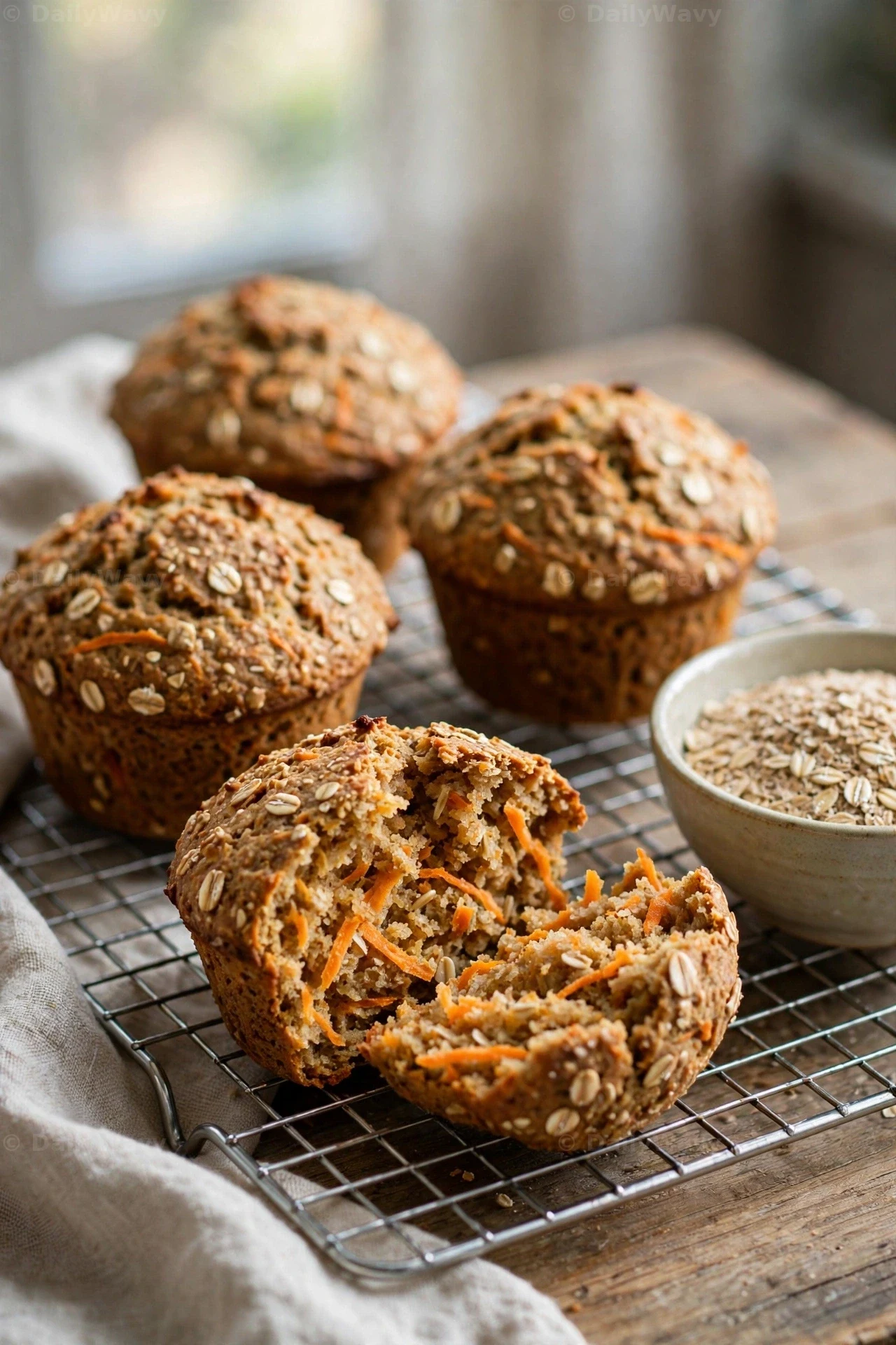 Hearty oat bran carrot muffins with a coarse, speckled crust cool on a wire rack beside a small bowl of oat bran, and one muffin is split open to show the carrot shreds inside.