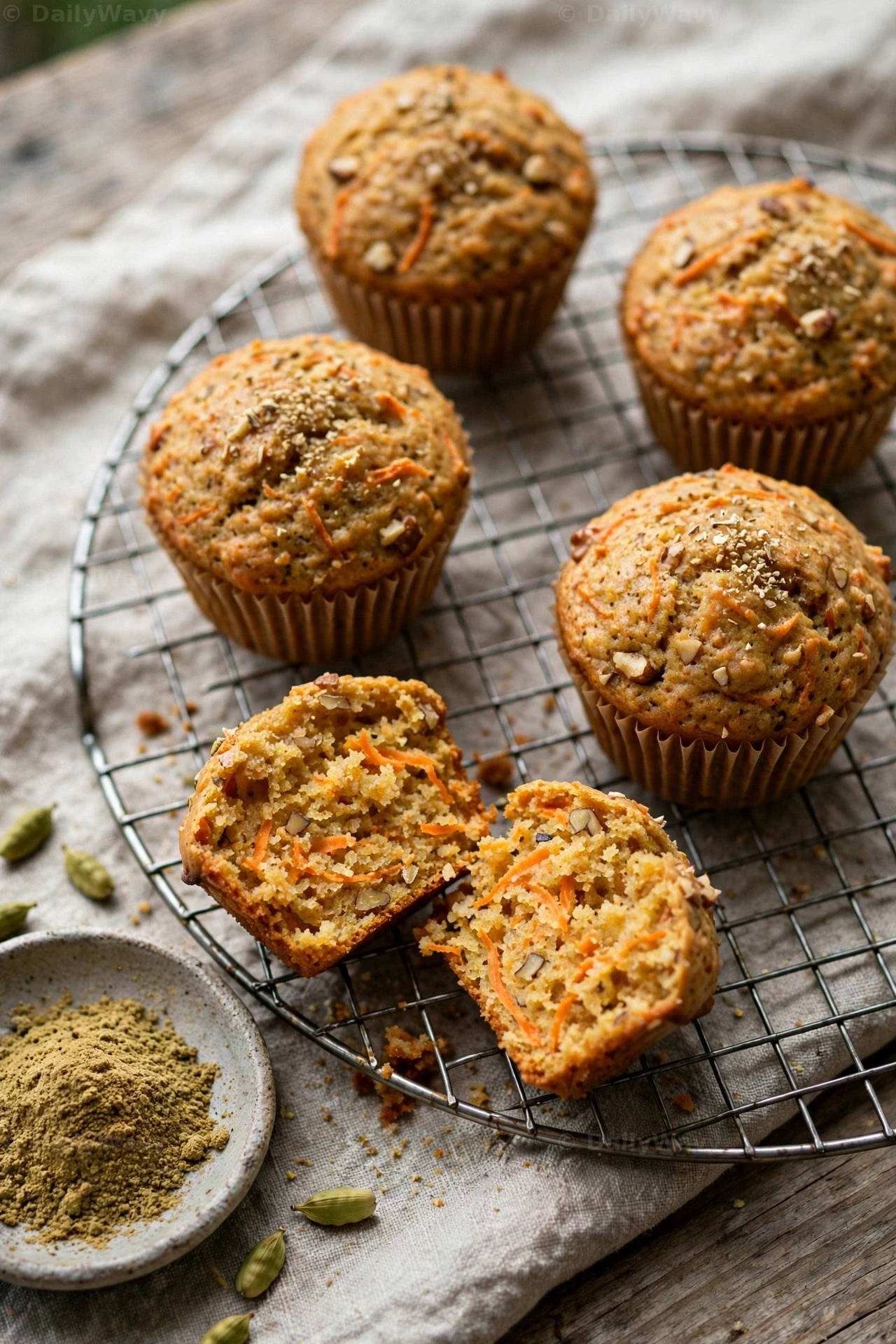 Cardamom carrot muffins in paper liners cool on a round wire rack beside a dish of ground cardamom and scattered pods, and one muffin is split open to show the carrot shreds inside.