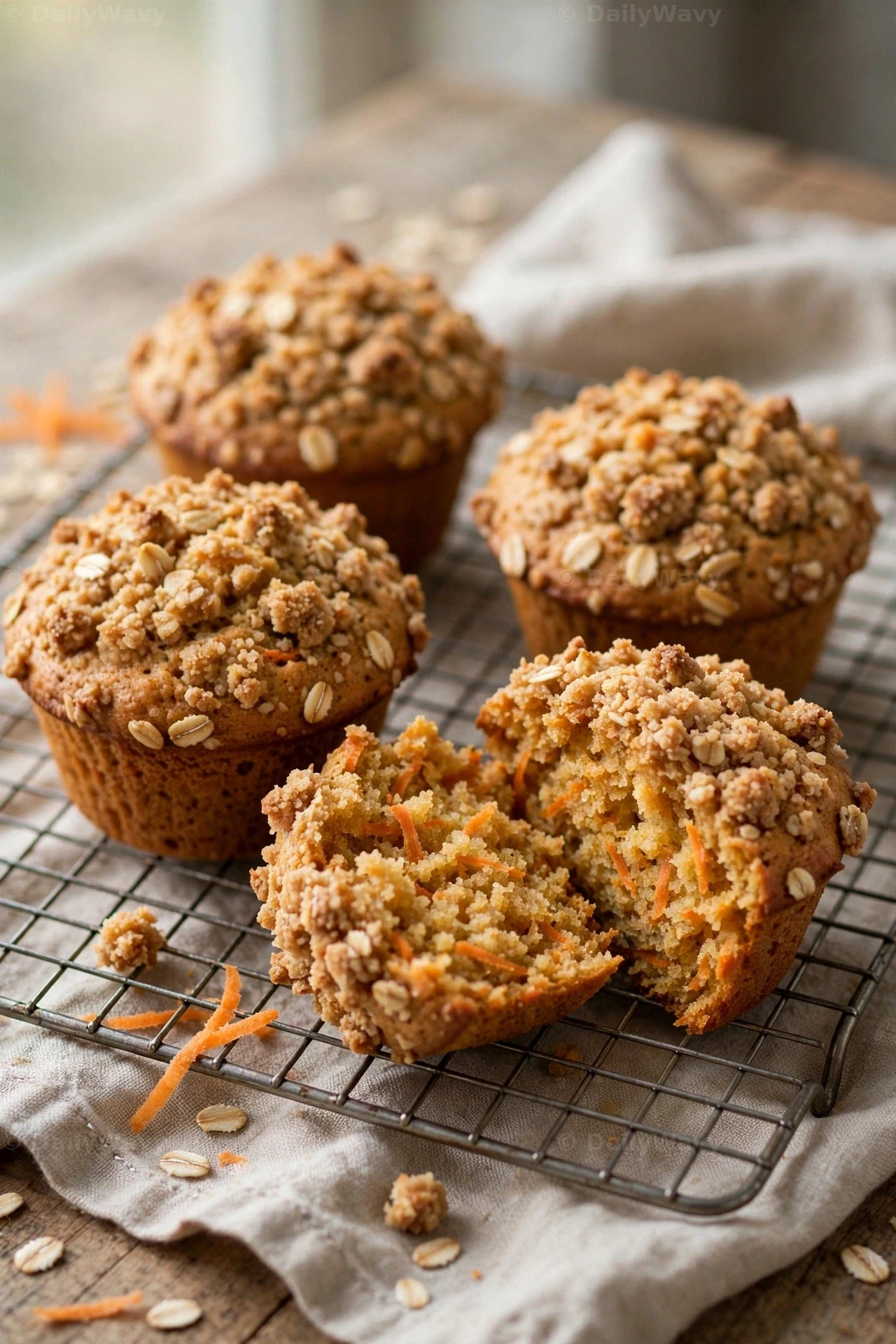 Carrot muffins with a thick, golden oat crumb topping cool on a wire rack, and one muffin is split open to show the carrot shreds under the streusel.
