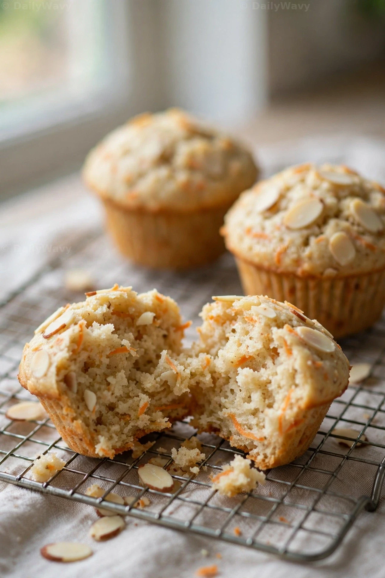 Pale almond flour carrot muffins topped with sliced almonds cool on a wire rack, and one muffin is torn open to show the fine, tender crumb.
