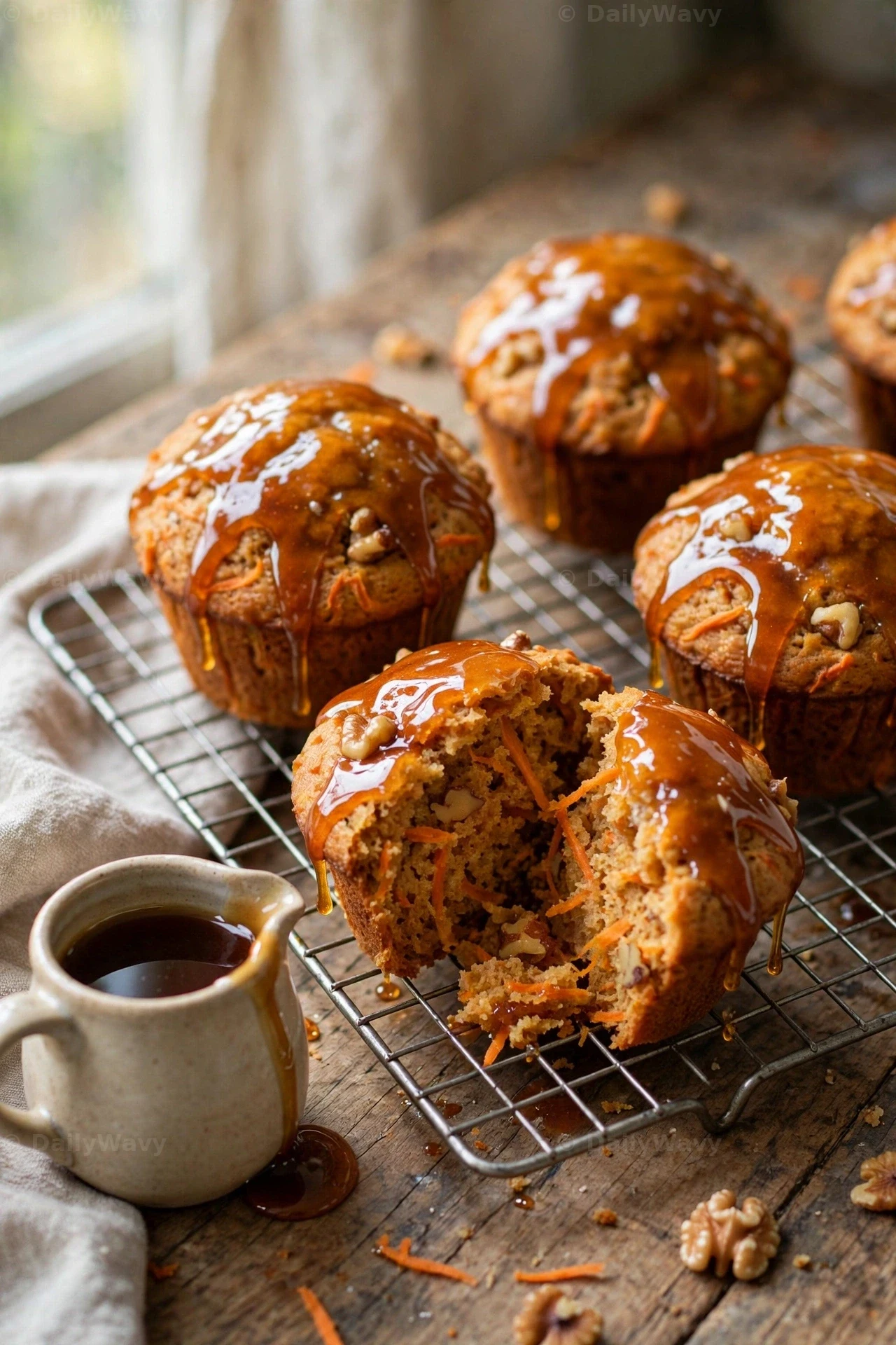 Maple-glazed carrot muffins drip with glossy glaze on a wire rack beside a small pitcher of maple syrup, and one muffin is split open to show the carrot shreds inside.