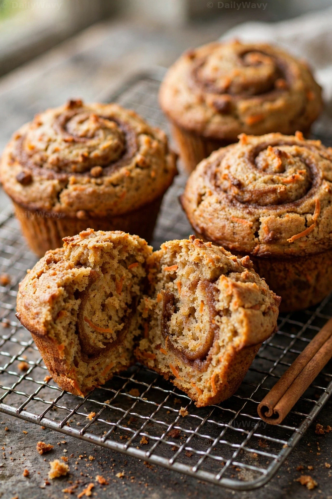 Cinnamon swirl carrot muffins show a dark cinnamon spiral on their tops and in the split crumb as they cool on a wire rack beside a cinnamon stick.