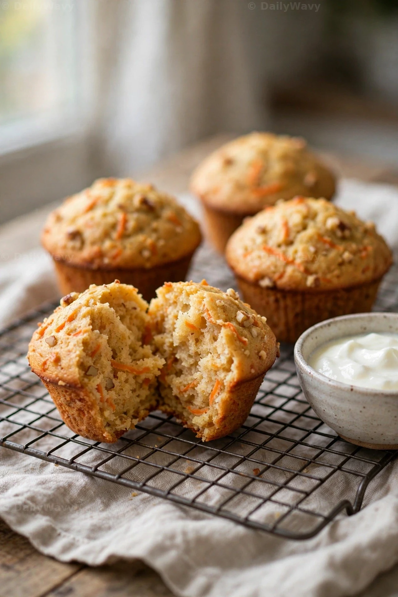 Greek yogurt carrot muffins with a pale, tender crumb cool on a wire rack beside a small bowl of yogurt, and one muffin is torn open at the front.