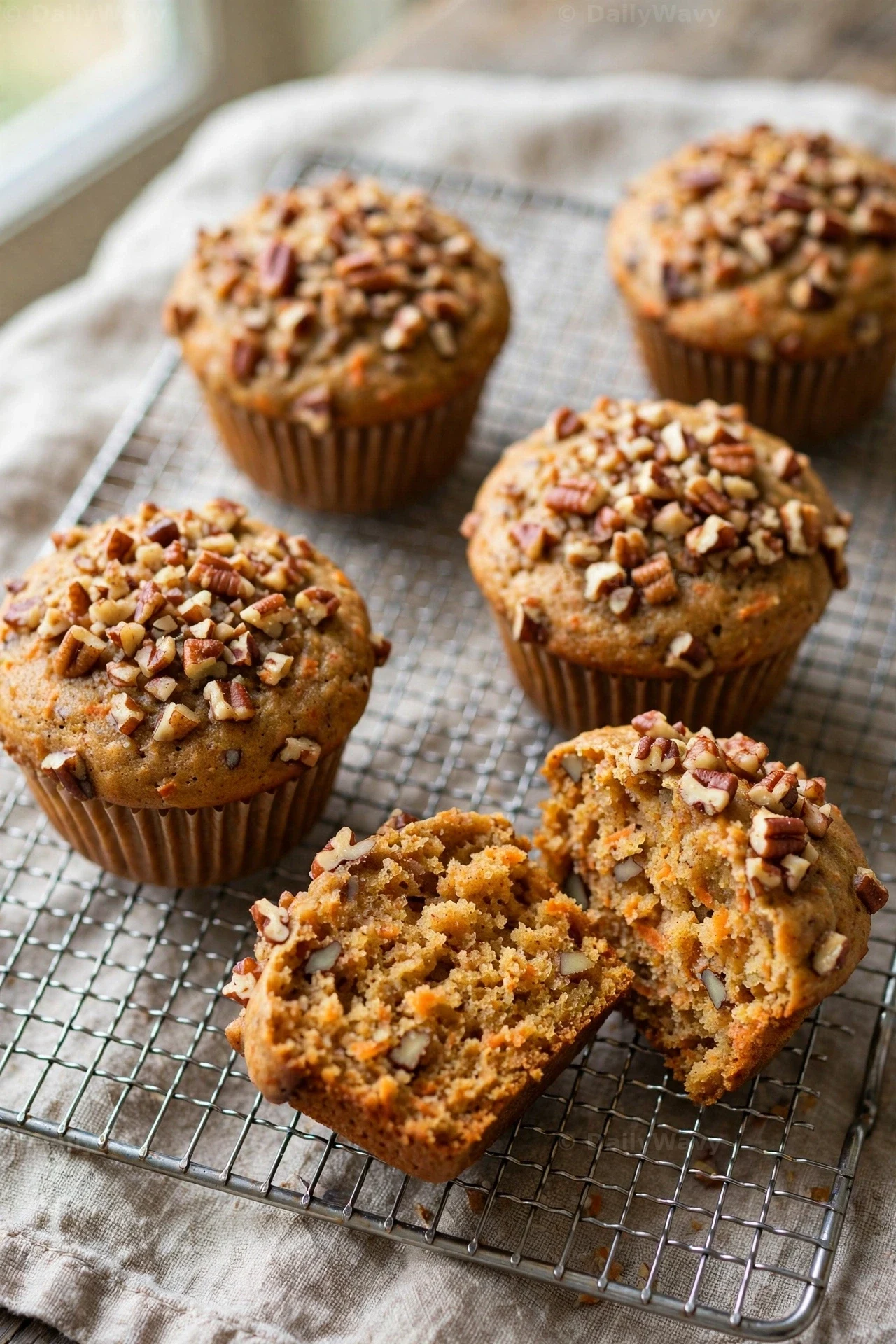 Pecan-topped carrot muffins cool on a wire rack, and one muffin is split open to show pecan pieces and carrot shreds in the crumb.