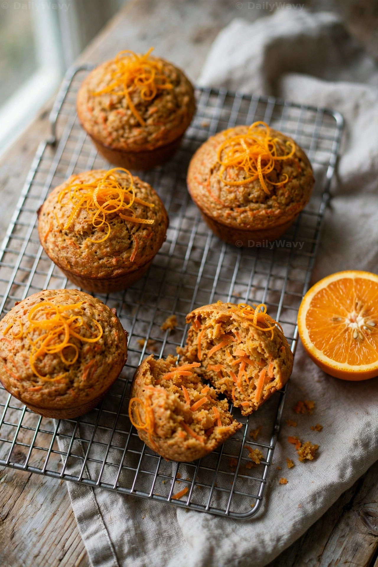 Orange zest carrot muffins topped with curls of fresh zest cool on a wire rack beside a halved orange, and one muffin is torn open to show the carrot shreds inside.