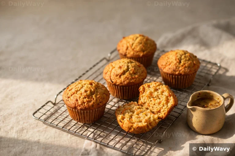 Golden carrot muffins cool on a wire rack over linen beside a small pitcher of browned butter, and one muffin is split open to show the carrot-flecked crumb.
