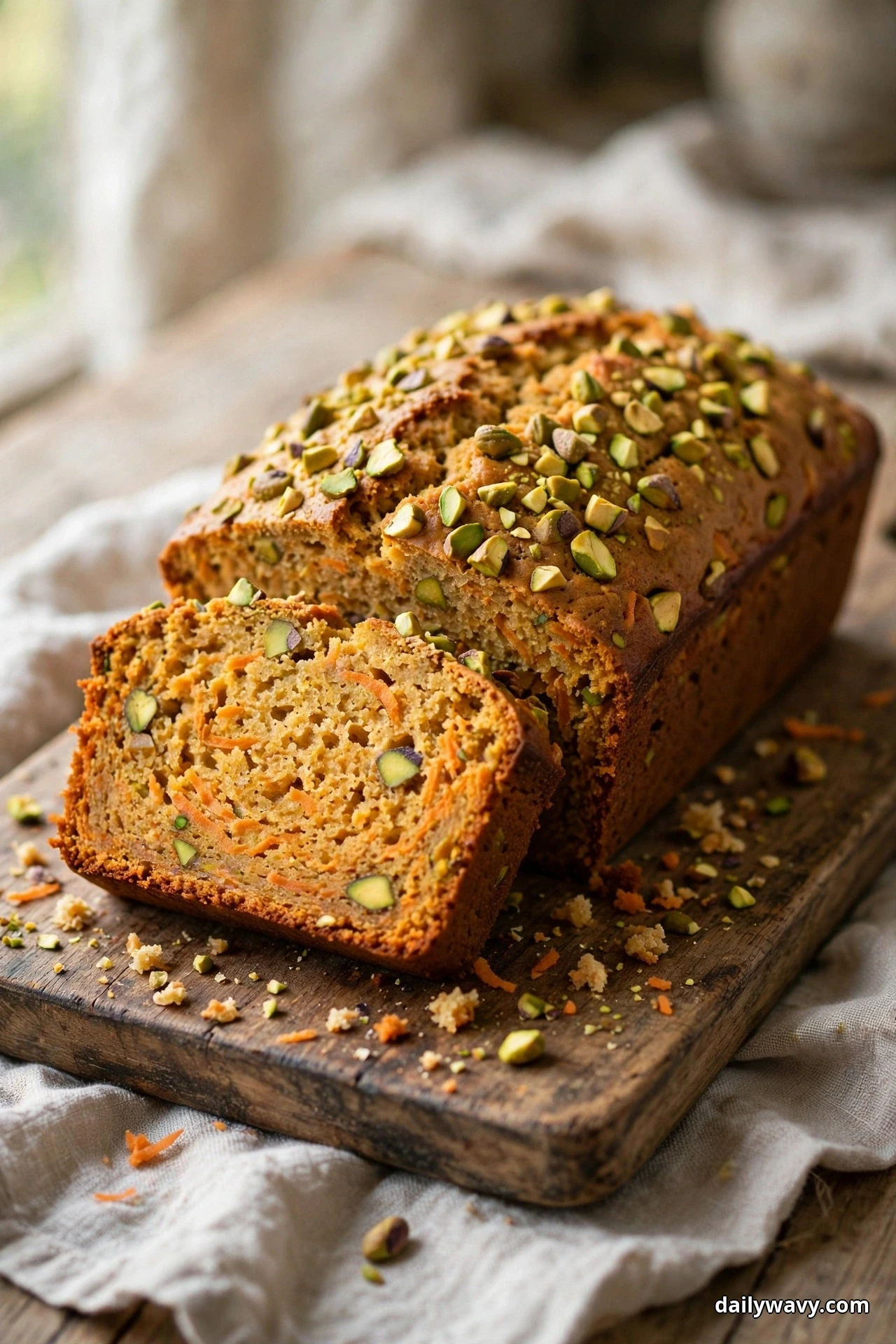 A carrot quick bread loaf covered with chopped pistachios stands on a wooden board, with one thick slice leaning in front showing green pistachio pieces and orange carrot shreds in the crumb