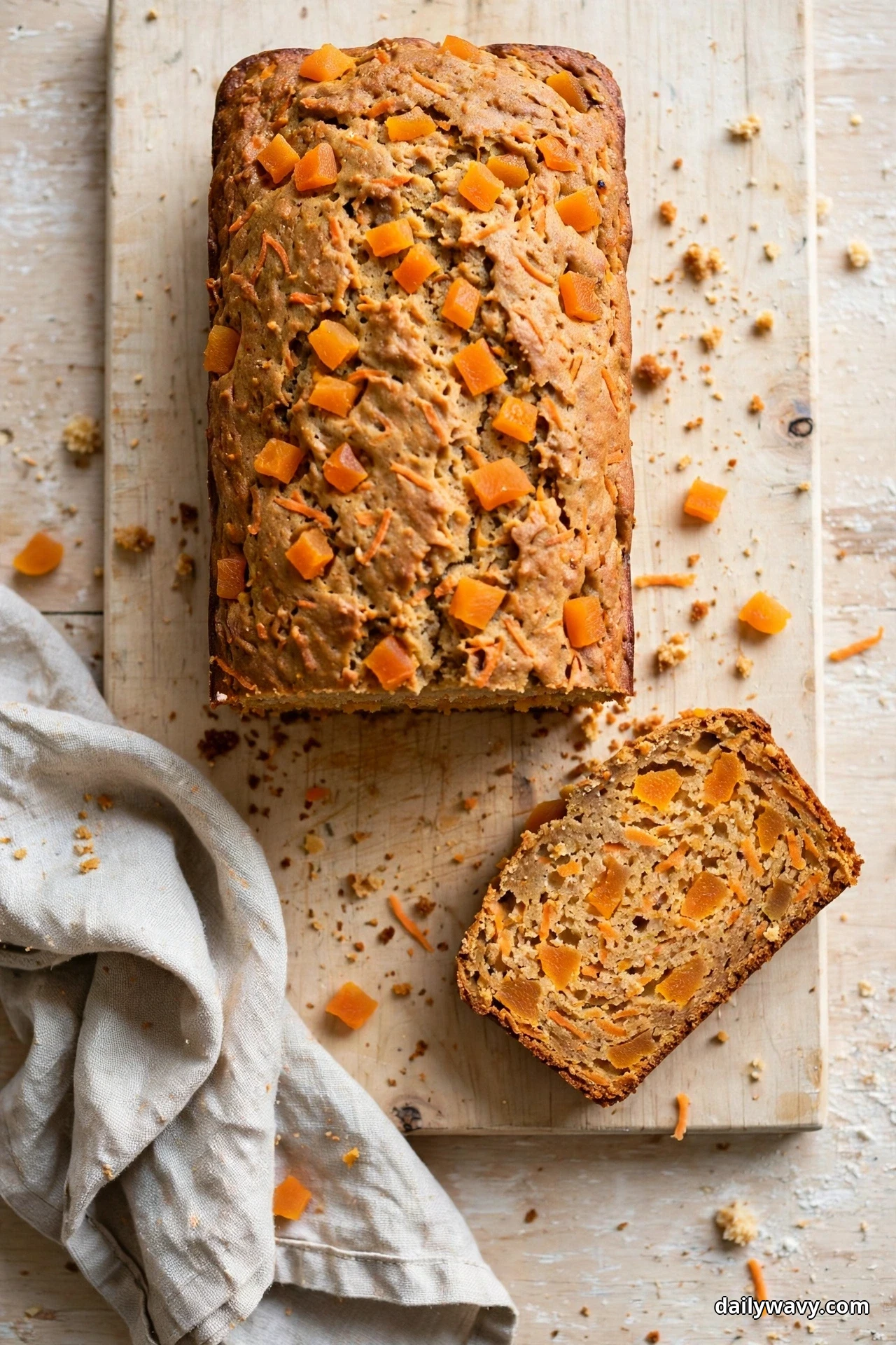 Seen from above, a carrot quick bread loaf studded with orange dried apricot pieces rests on a pale wooden board, with one slice lying beside it showing large apricot pieces throughout the crumb