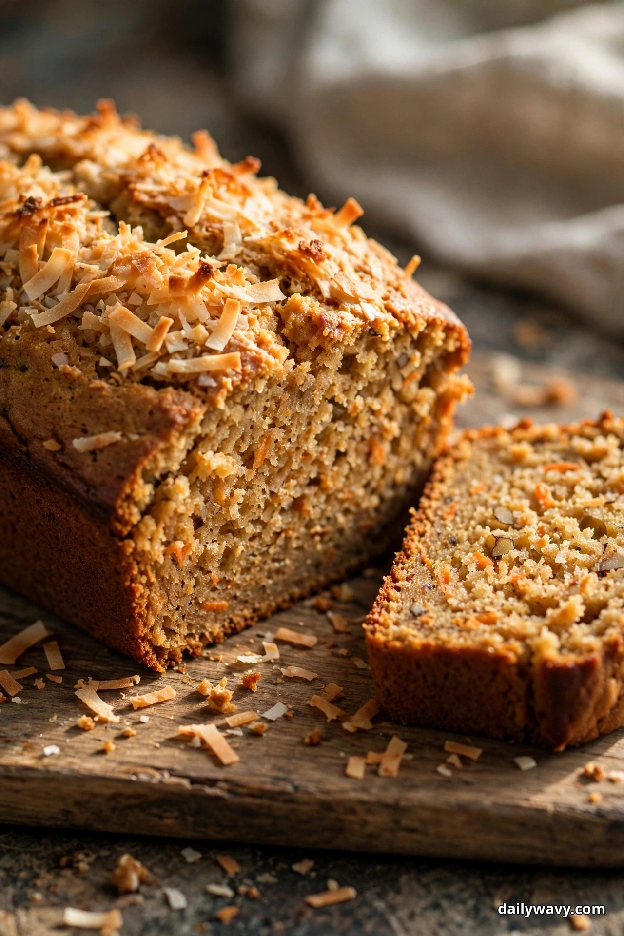 A close view shows a carrot quick bread loaf covered with toasted coconut flakes on a wooden board, with one slice cut beside it showing the moist crumb