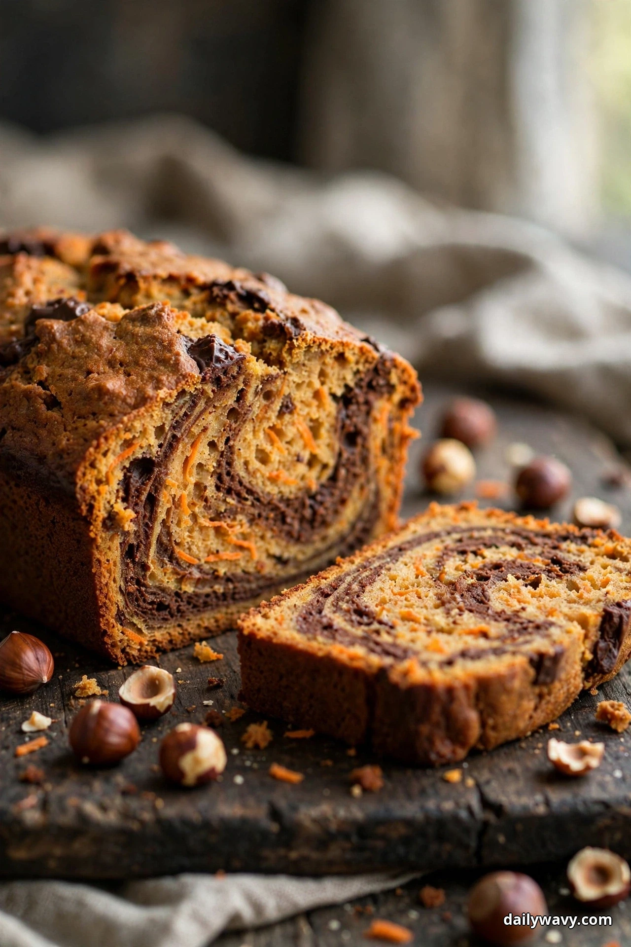 A carrot quick bread loaf with a dark chocolate-hazelnut spiral swirled through its cut face stands on a dark wooden board, with one slice in front showing the marbled swirl and whole hazelnuts scattered on the board beside it