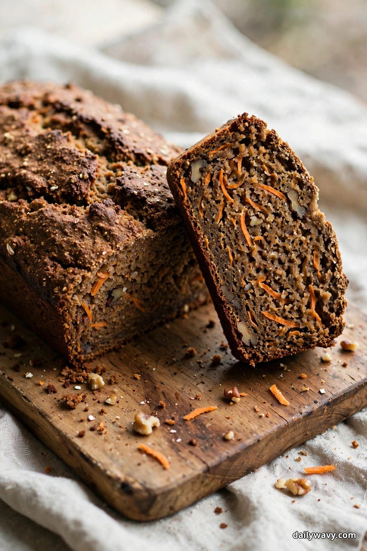 A dark whole-wheat carrot quick bread loaf with a dense, speckled crumb stands on a wooden board, with one thick slice propped against it showing bright orange carrot shreds throughout the crumb