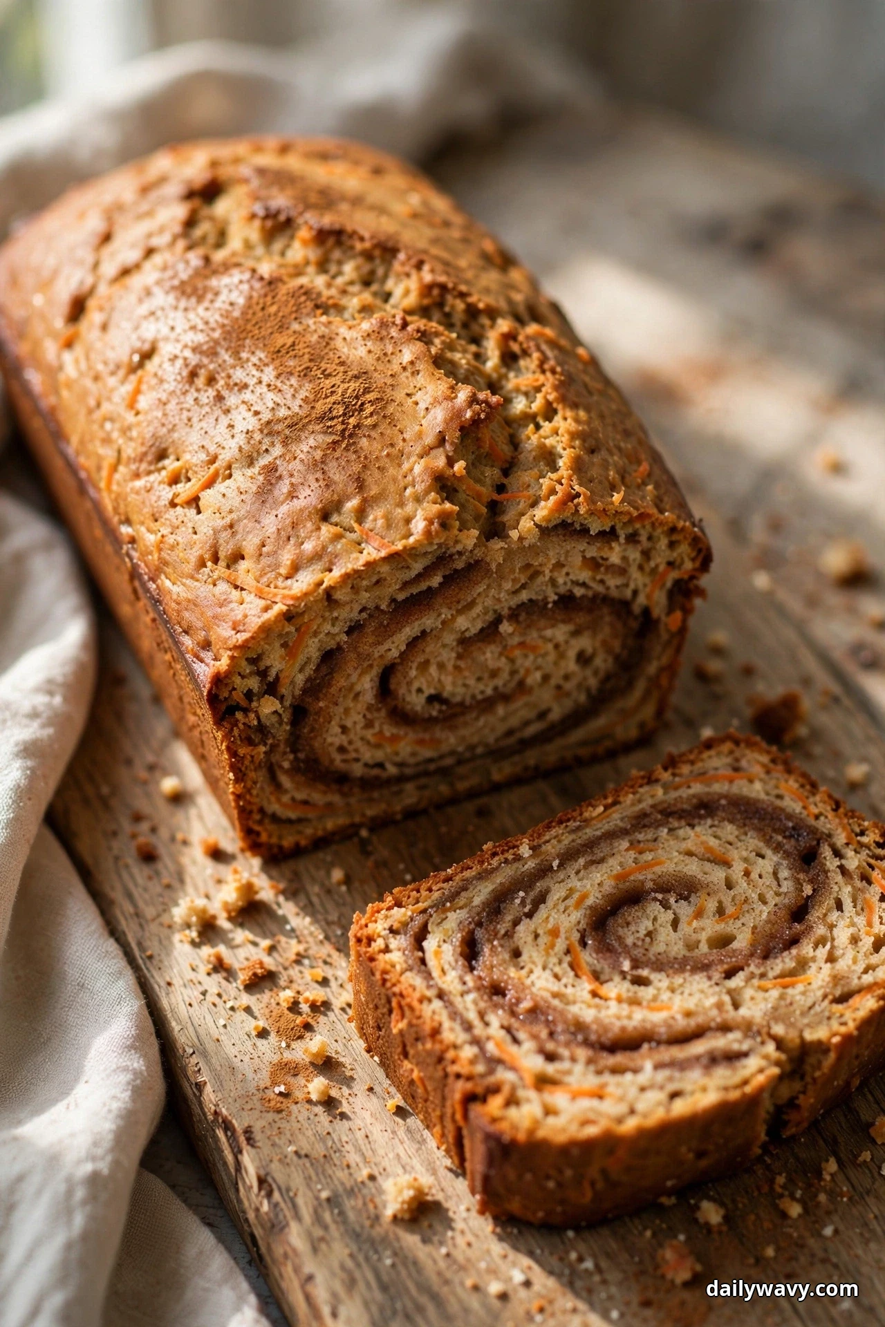 A carrot quick bread loaf with a cinnamon spiral swirled through its cut face stands on a wooden board, with one slice in front showing the rolled cinnamon swirl and thin orange carrot shreds