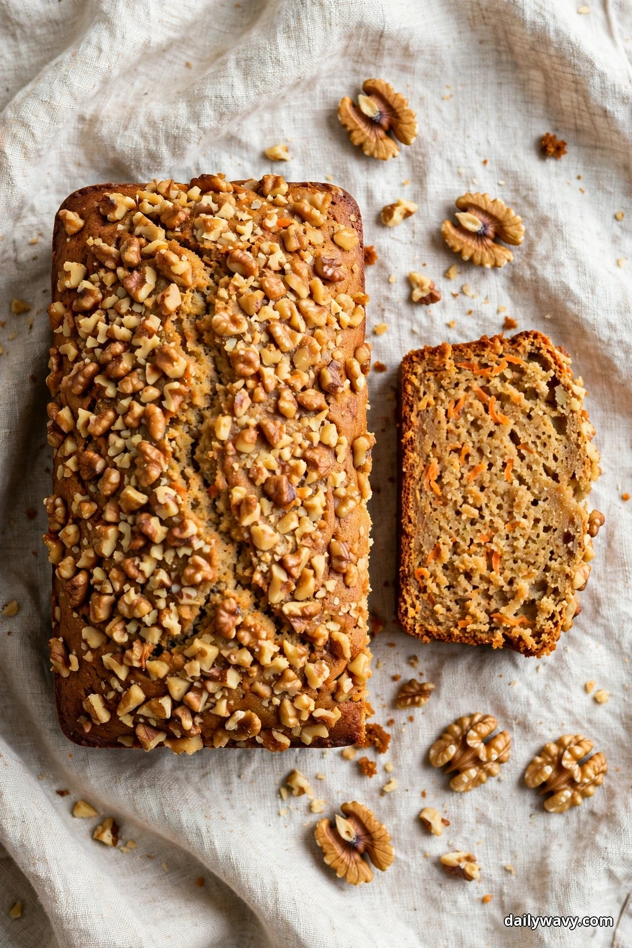Seen from above, a carrot quick bread loaf covered with a thick crust of chopped walnuts rests on linen, with one slice beside it showing orange carrot shreds in the moist crumb