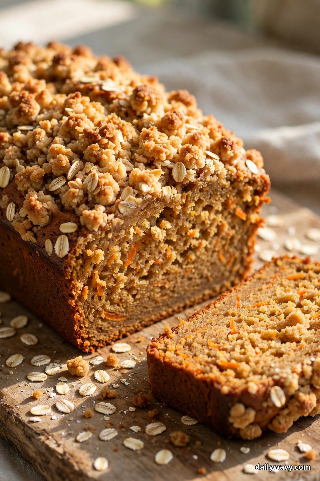A carrot quick bread loaf covered with a golden oat crumble topping stands on a wooden board, with one slice in front showing orange carrot shreds in the crumb and rolled oats scattered on the board