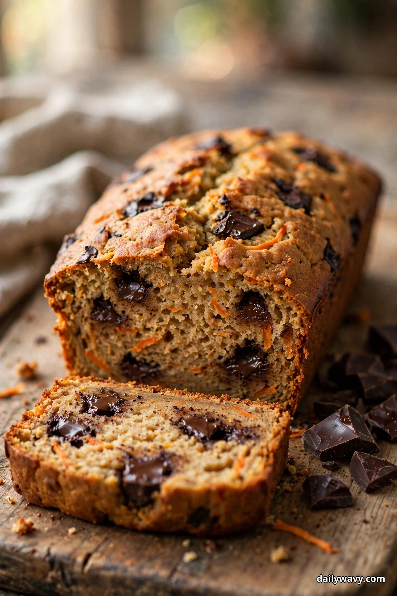 A carrot quick bread loaf studded with melted dark chocolate chunks rests on a wooden board, with one slice in front showing glossy chocolate pockets and chunks of dark chocolate scattered beside it