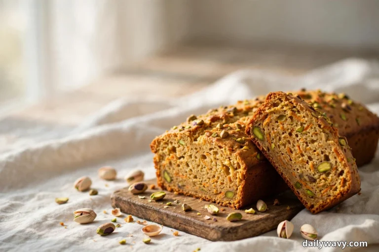 A carrot quick bread loaf topped with chopped pistachios rests on a wooden board over linen, with a thick slice propped against it showing a moist crumb studded with green pistachios and orange carrot shreds
