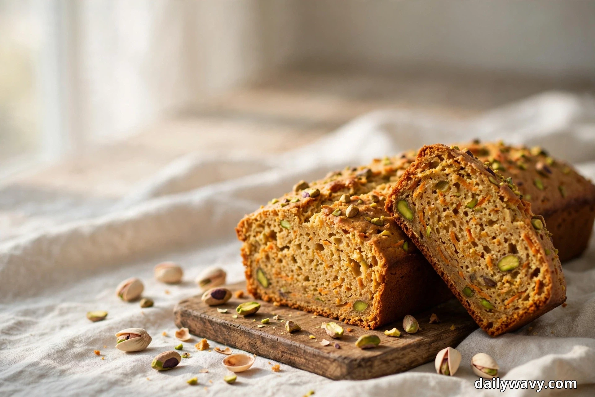 A carrot quick bread loaf topped with chopped pistachios rests on a wooden board over linen, with a thick slice propped against it showing a moist crumb studded with green pistachios and orange carrot shreds