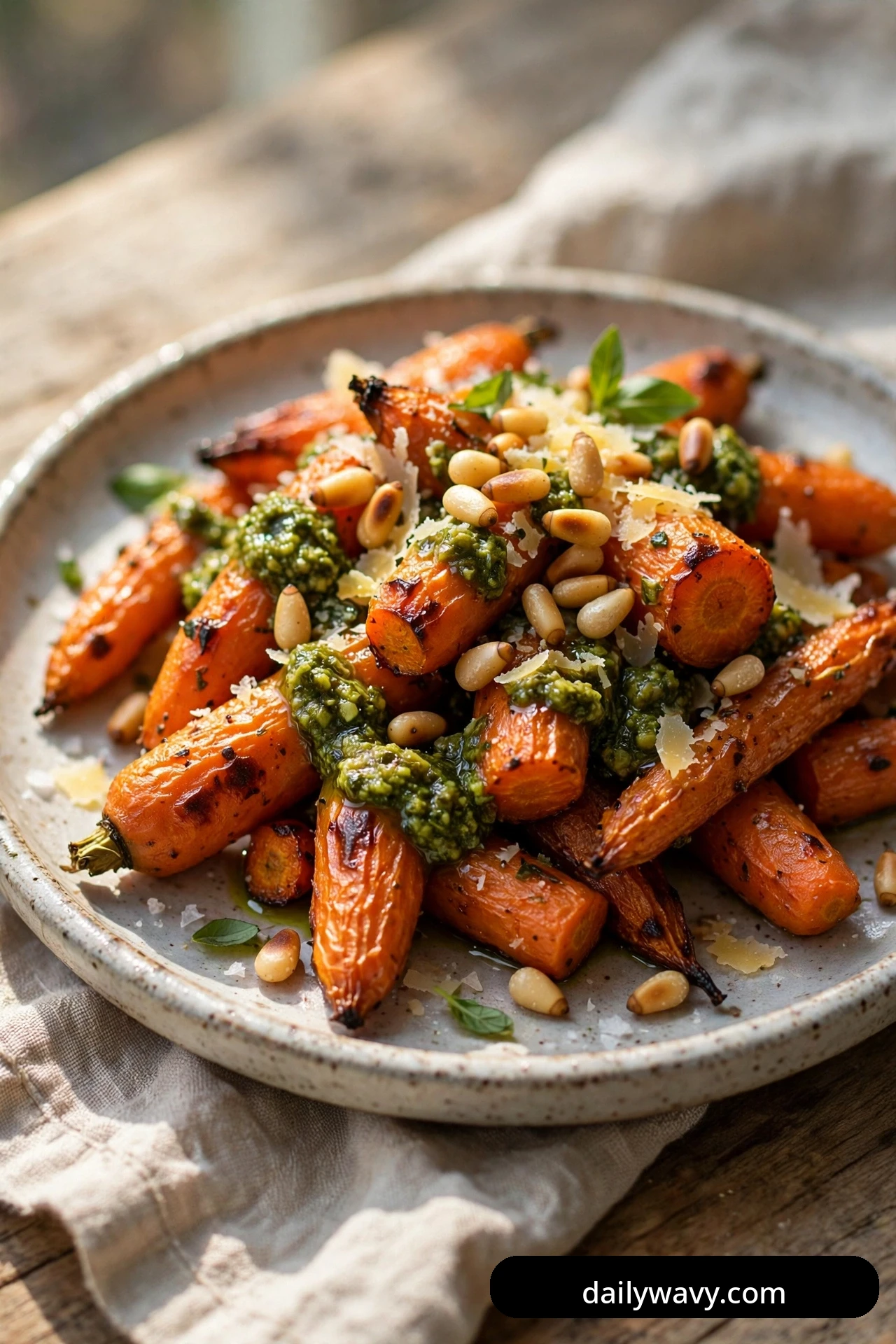Roasted carrots on a speckled plate are dolloped with green basil pesto and scattered with toasted pine nuts and shaved parmesan.
