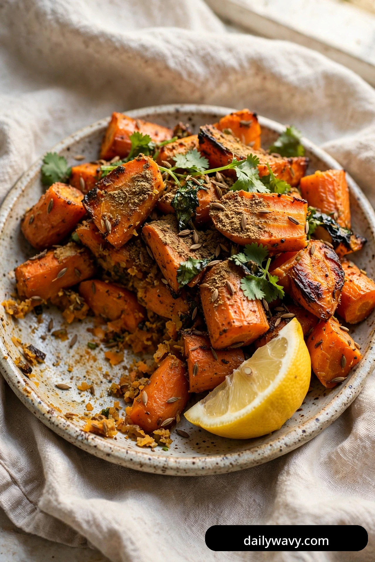 Chunky roasted carrot pieces in a speckled bowl are heavily dusted with ground spices and topped with fresh cilantro leaves, with a lemon wedge resting at the edge of the bowl.